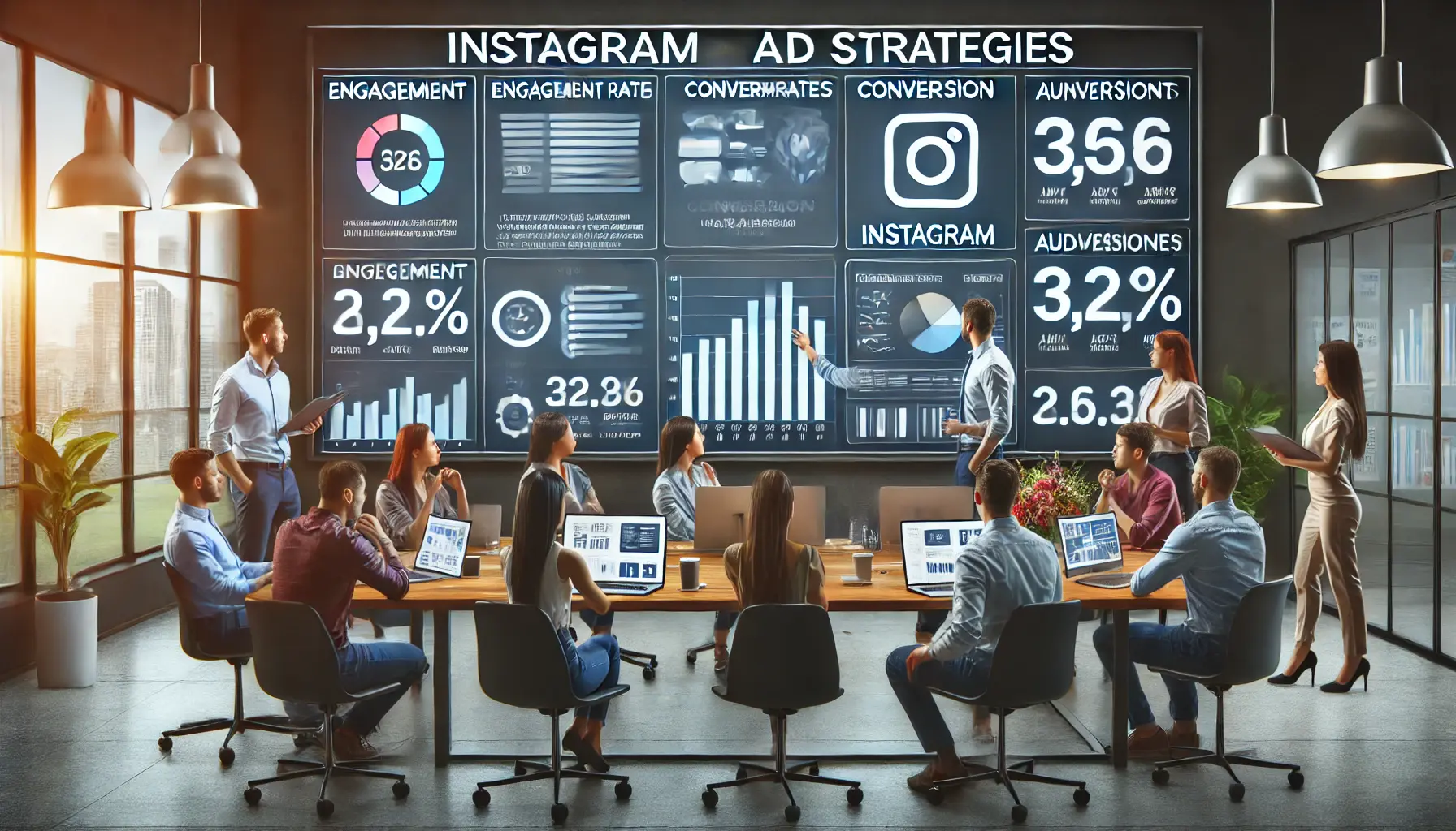 A team of digital marketers adjusting their Instagram ad strategies based on data analytics, reviewing performance metrics and discussing new tactics.