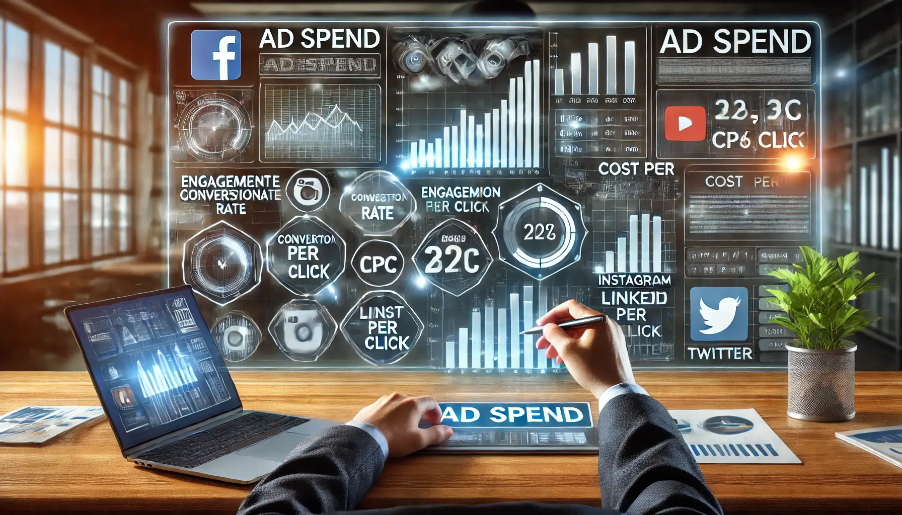 A digital illustration of a modern workspace featuring a digital dashboard displaying engagement rate, conversion rate, and cost per click (CPC) for Facebook, Instagram, LinkedIn, and Twitter. A marketing professional is analyzing metrics and adjusting budget sliders on a laptop.