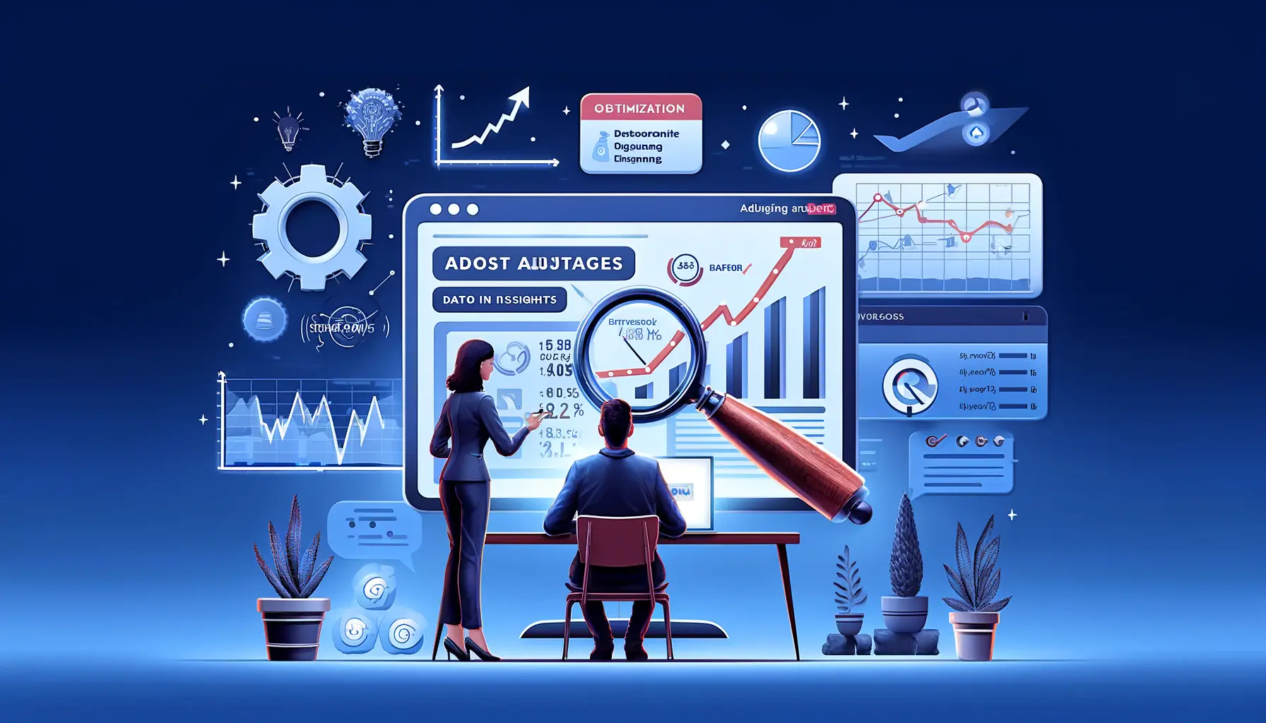 An illustration showing a marketer reviewing data insights on a digital dashboard with graphs, optimization arrows, and a magnifying glass symbolizing detailed analysis.