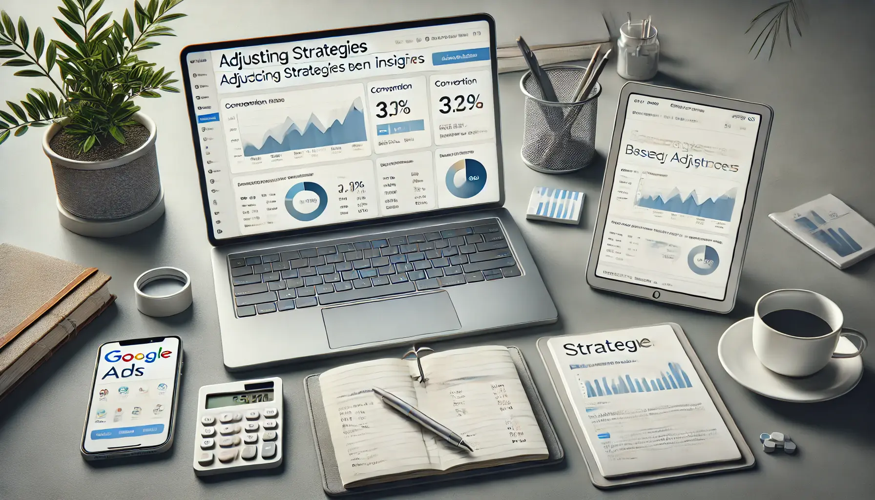 A professional digital marketing workspace with a laptop displaying performance insights, a tablet showing campaign metrics, and a notepad with a pen, symbolizing strategic adjustments.