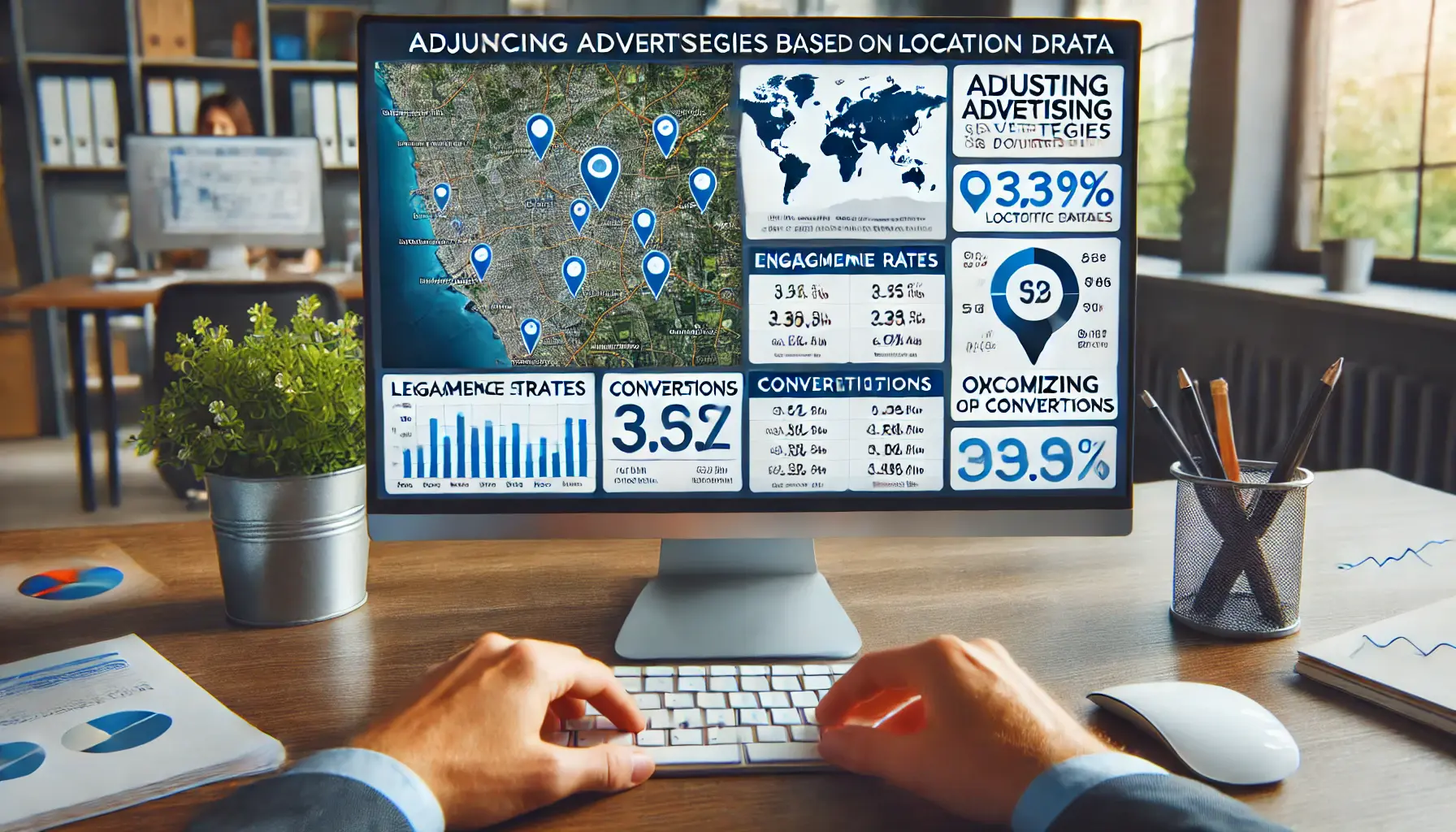 A digital marketer adjusting advertising strategies based on location-specific data, with maps and performance metrics displayed on the computer screen.