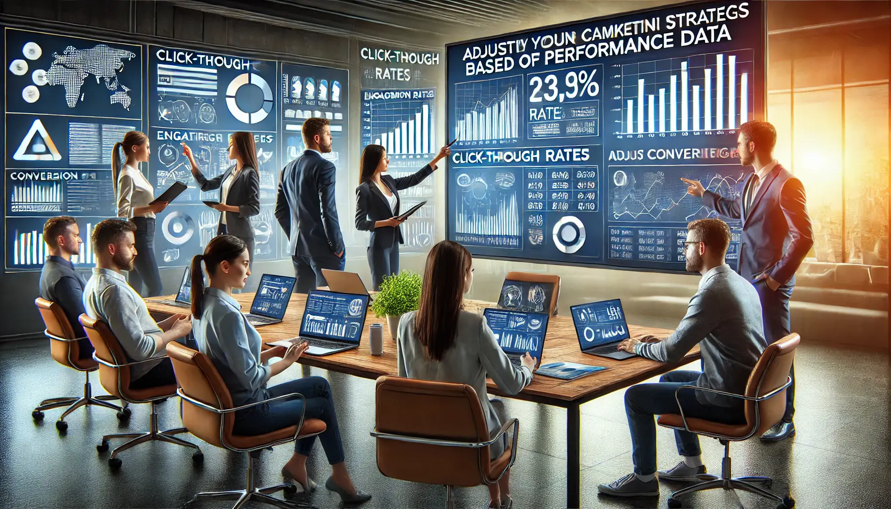 A marketing team analyzing campaign performance data and adjusting strategies in a modern office setting.