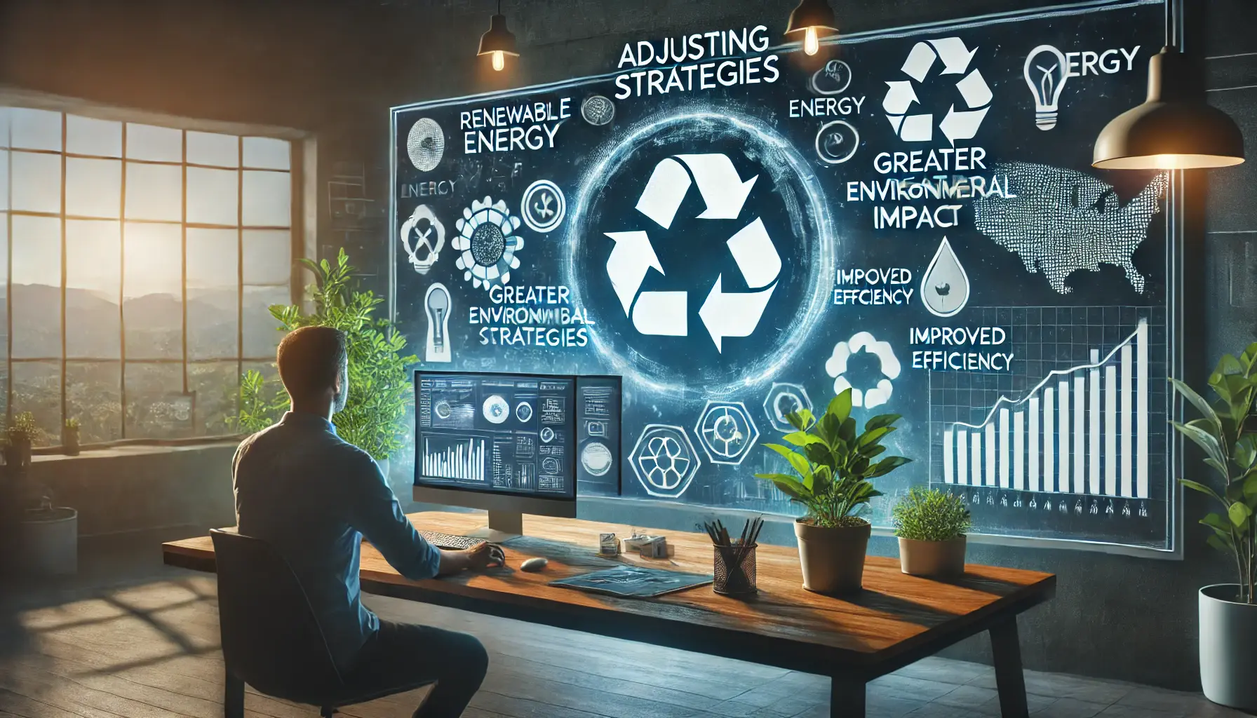 A digital workspace where a person is reviewing and adjusting an advertising campaign on a screen, with symbols representing renewable energy, data efficiency, and eco-friendly strategies.