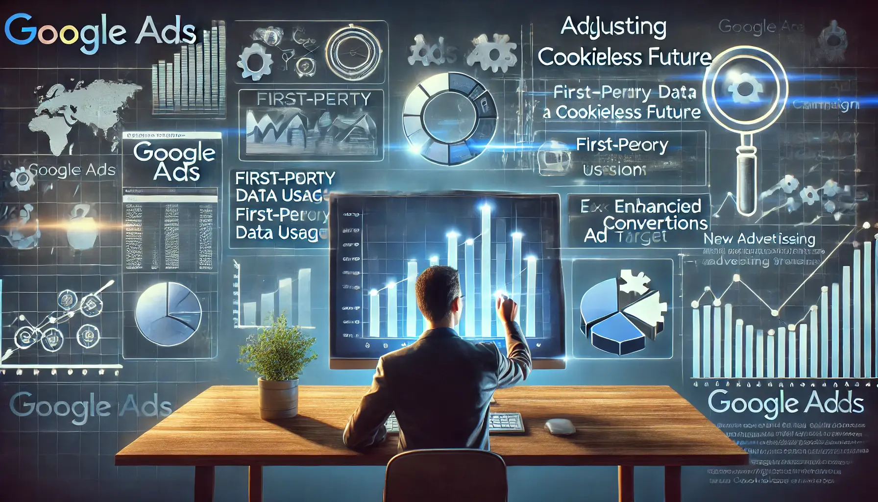 Digital artwork showing a marketer adjusting Google Ads campaign settings on a modern computer, with graphs and analytics reflecting first-party data usage and privacy-compliant targeting.