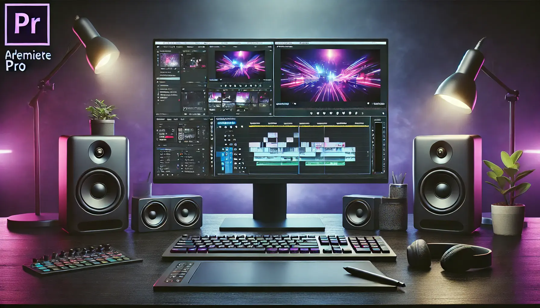 A professional video editing setup with a monitor displaying Adobe Premiere Pro's interface, surrounded by advanced editing tools.