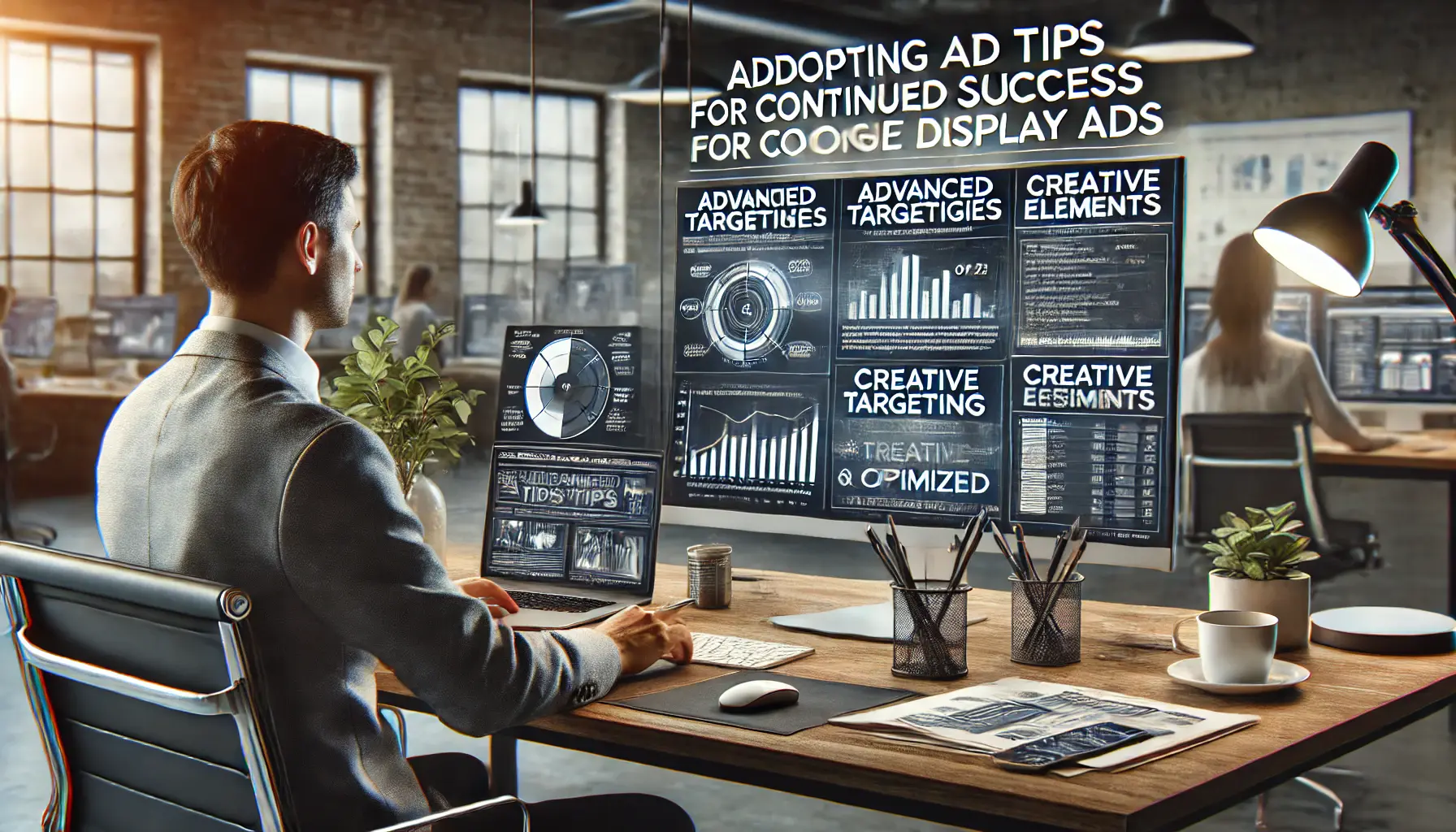 An image of a professional adopting advanced tips and strategies for Google Display Ads, analyzing complex metrics and creative elements on a computer screen.