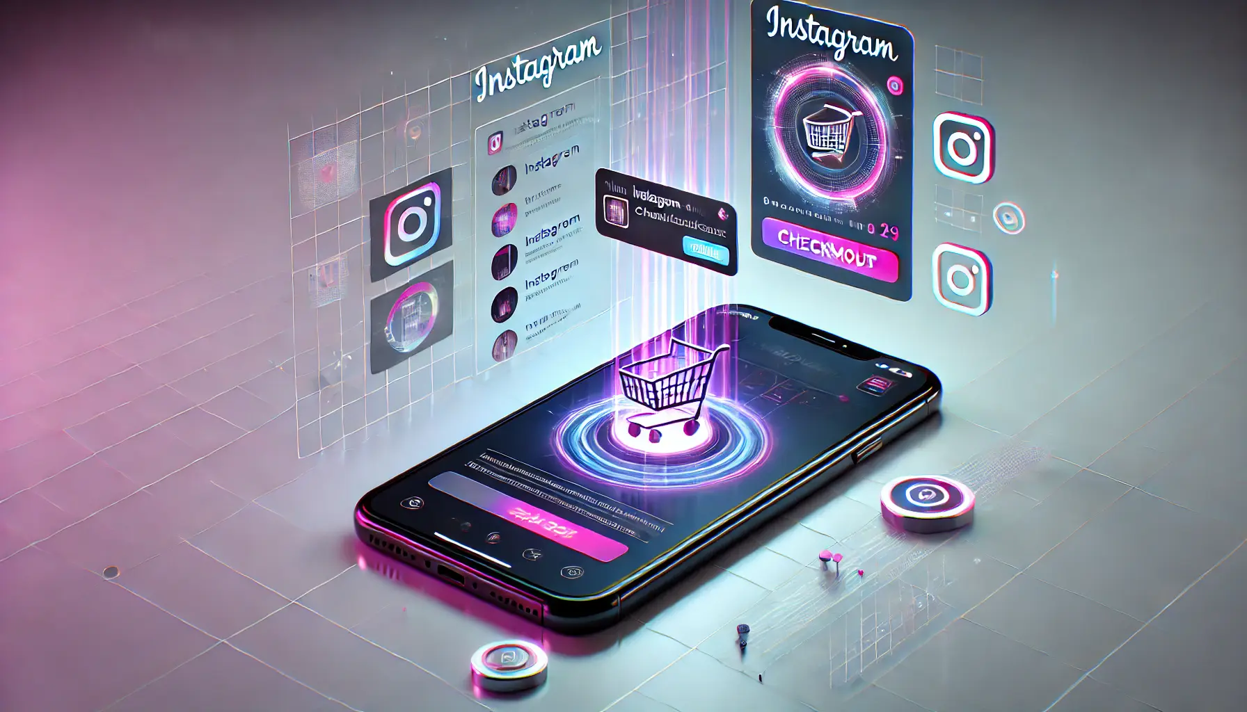 A smartphone displaying an Instagram ad with a seamless in-app checkout process for a product, with a user browsing and adding the product to their cart.