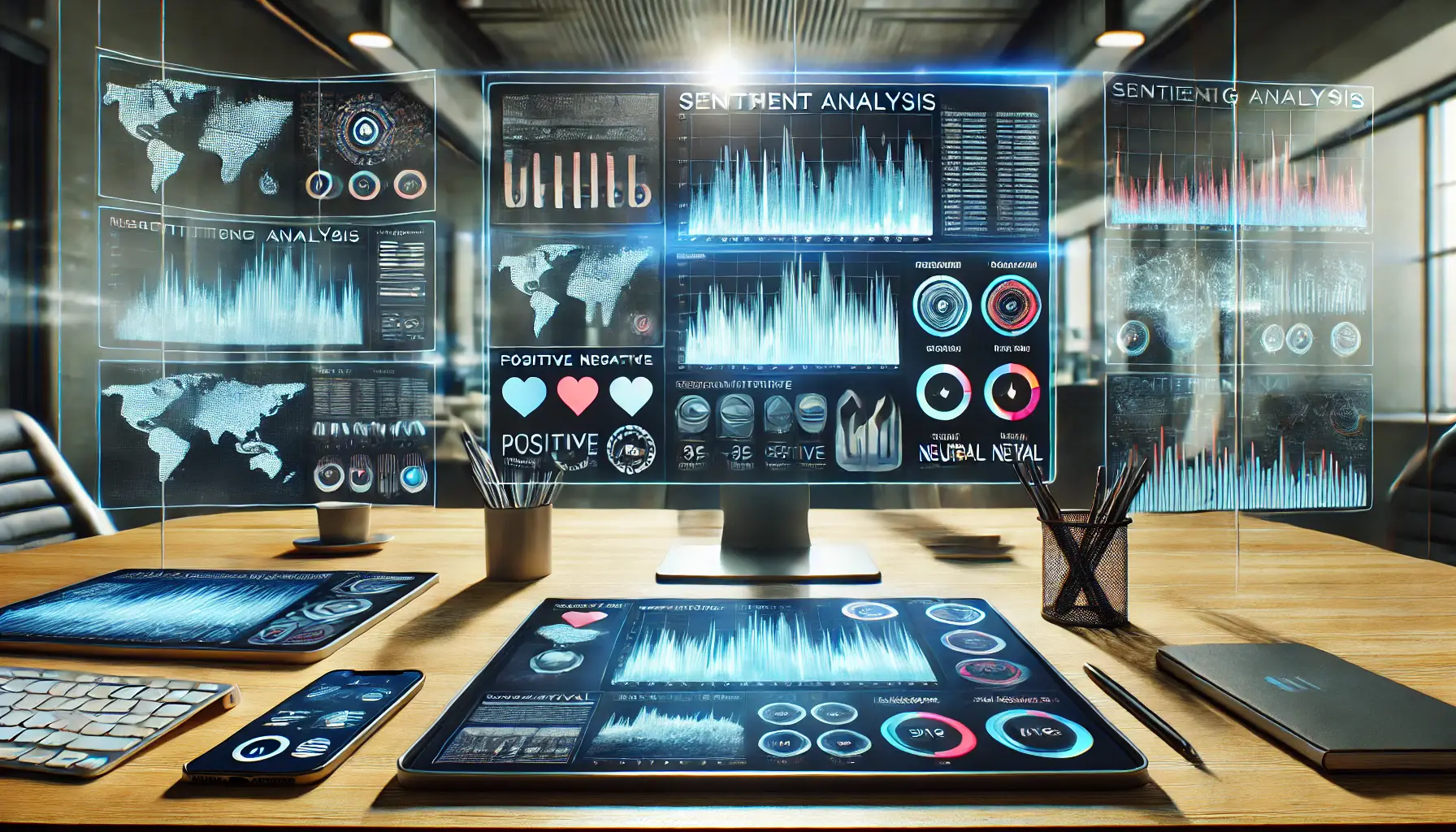 A modern digital workspace showcasing advanced sentiment analysis tools with interactive dashboards visualizing user sentiment as positive, negative, and neutral.