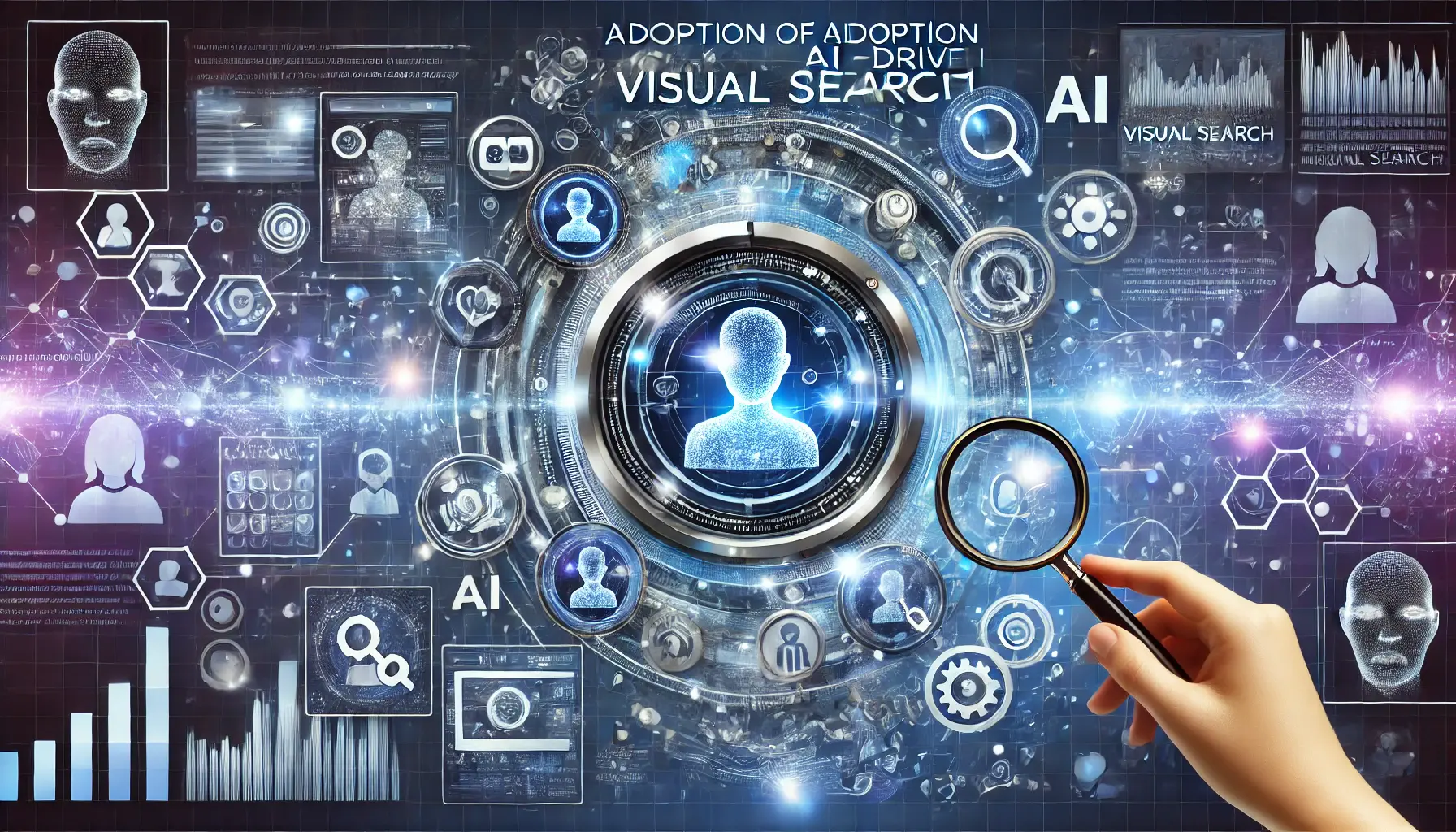 A depiction of AI-driven visual search, featuring image recognition technology, magnifying glass icons, and data streams.