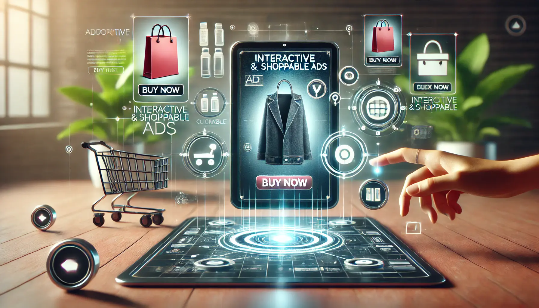 A digital screen showing an interactive ad with product tags and a 'Buy Now' button, symbolizing shoppable advertising.