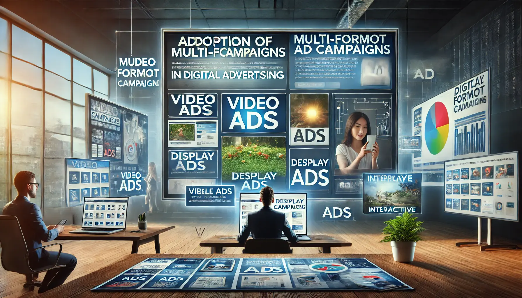 A digital marketer reviewing multiple ad formats, including video ads, display ads, and interactive ads on various devices, reflecting a multi-platform campaign strategy.