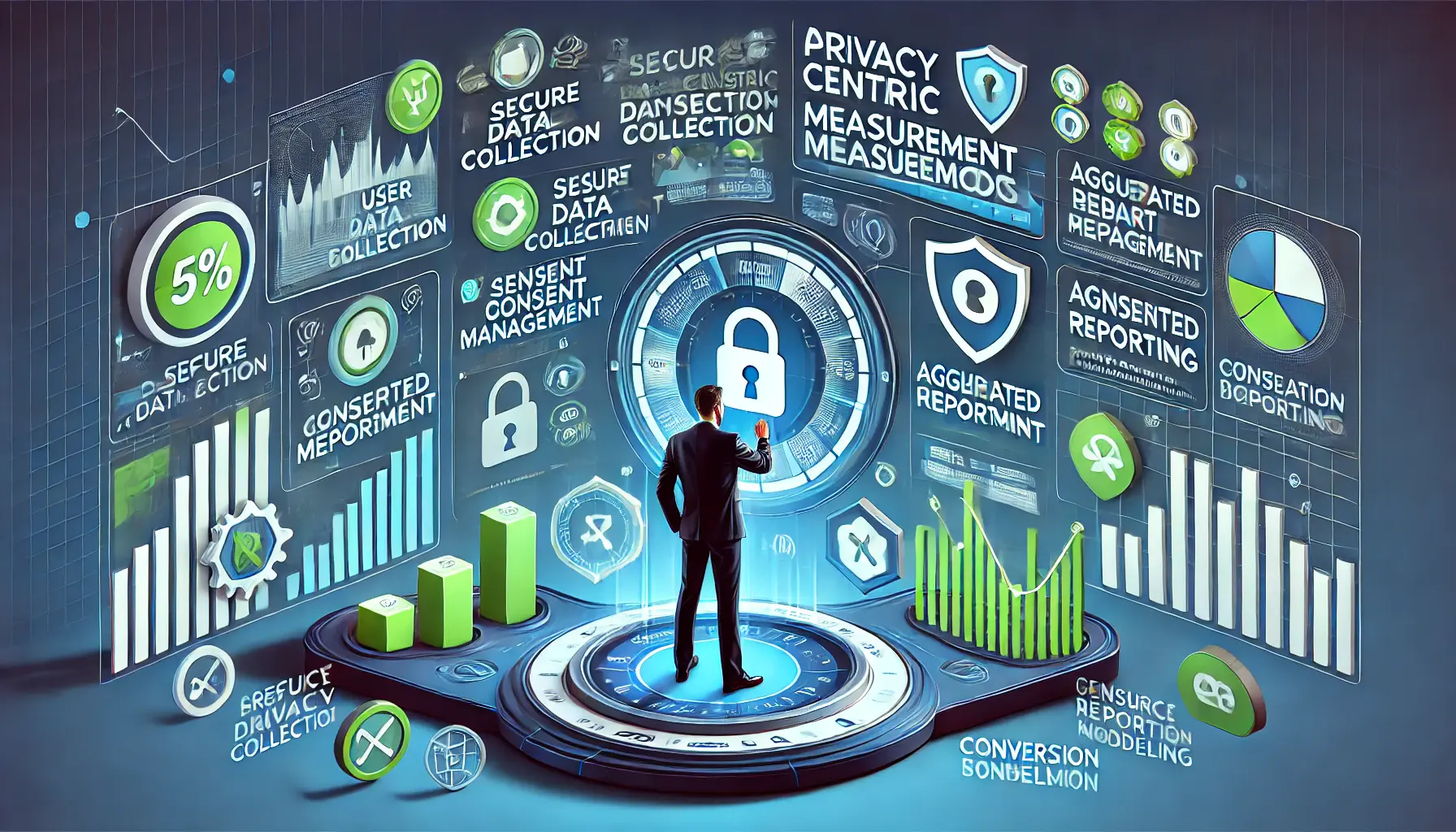 An image representing the adoption of privacy-centric measurement tools in digital marketing, showing secure data collection, consent management, and aggregated reporting.