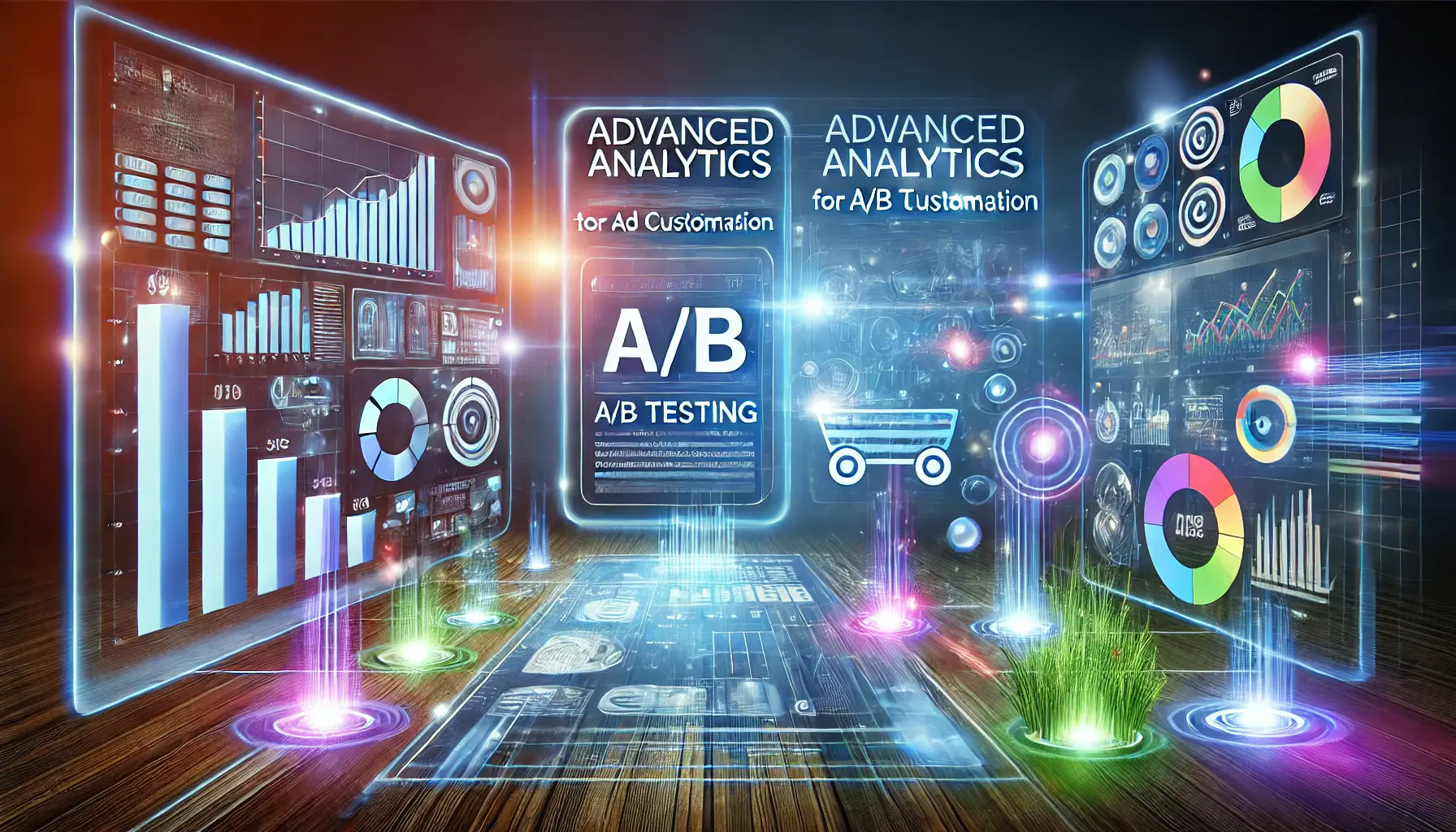 A digital dashboard displaying various charts, graphs, and split-screen comparisons, symbolizing A/B testing and analytics for ad optimization.