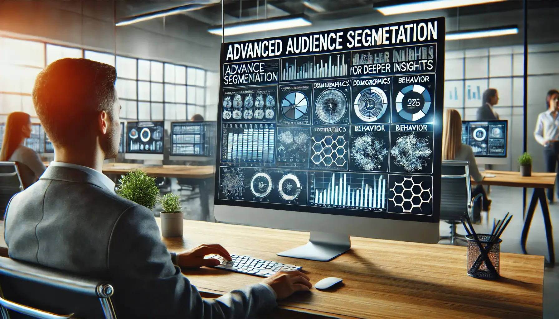 Digital marketer analyzing advanced audience segmentation data on a computer screen.