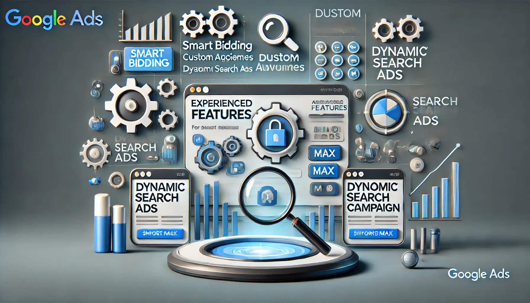 An illustration representing advanced features for experienced advertisers in Google Ads, showing tools like smart bidding, custom audiences, dynamic search ads, and performance max campaigns.