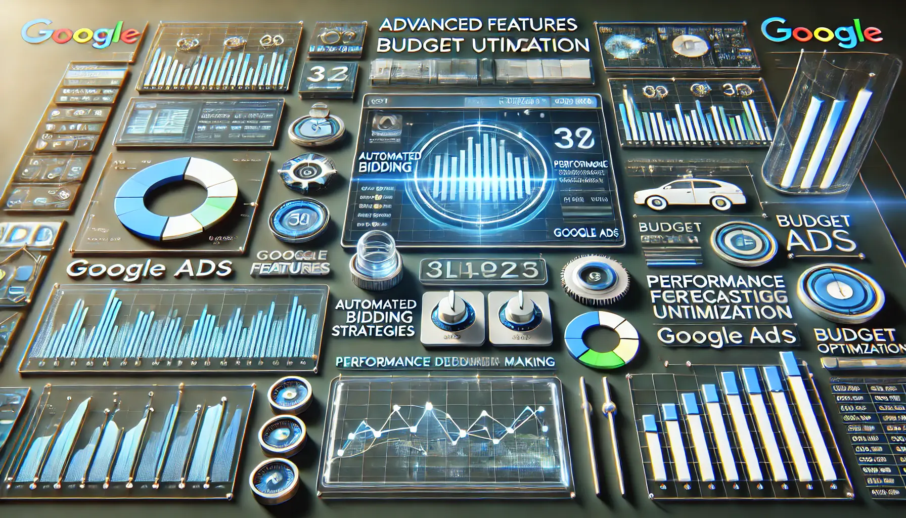 High-tech digital workspace featuring automated bidding strategies, performance forecasting graphs, and budget optimization charts.