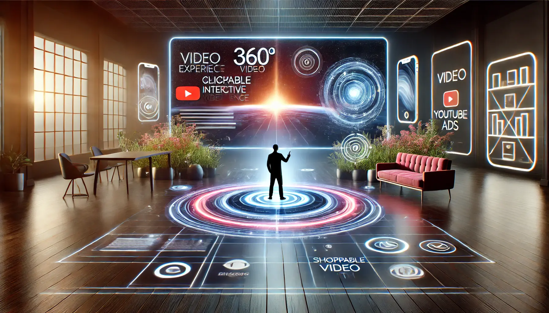 An immersive 360-degree video experience with interactive elements like shoppable hotspots and different video paths, representing advanced YouTube ad strategies.