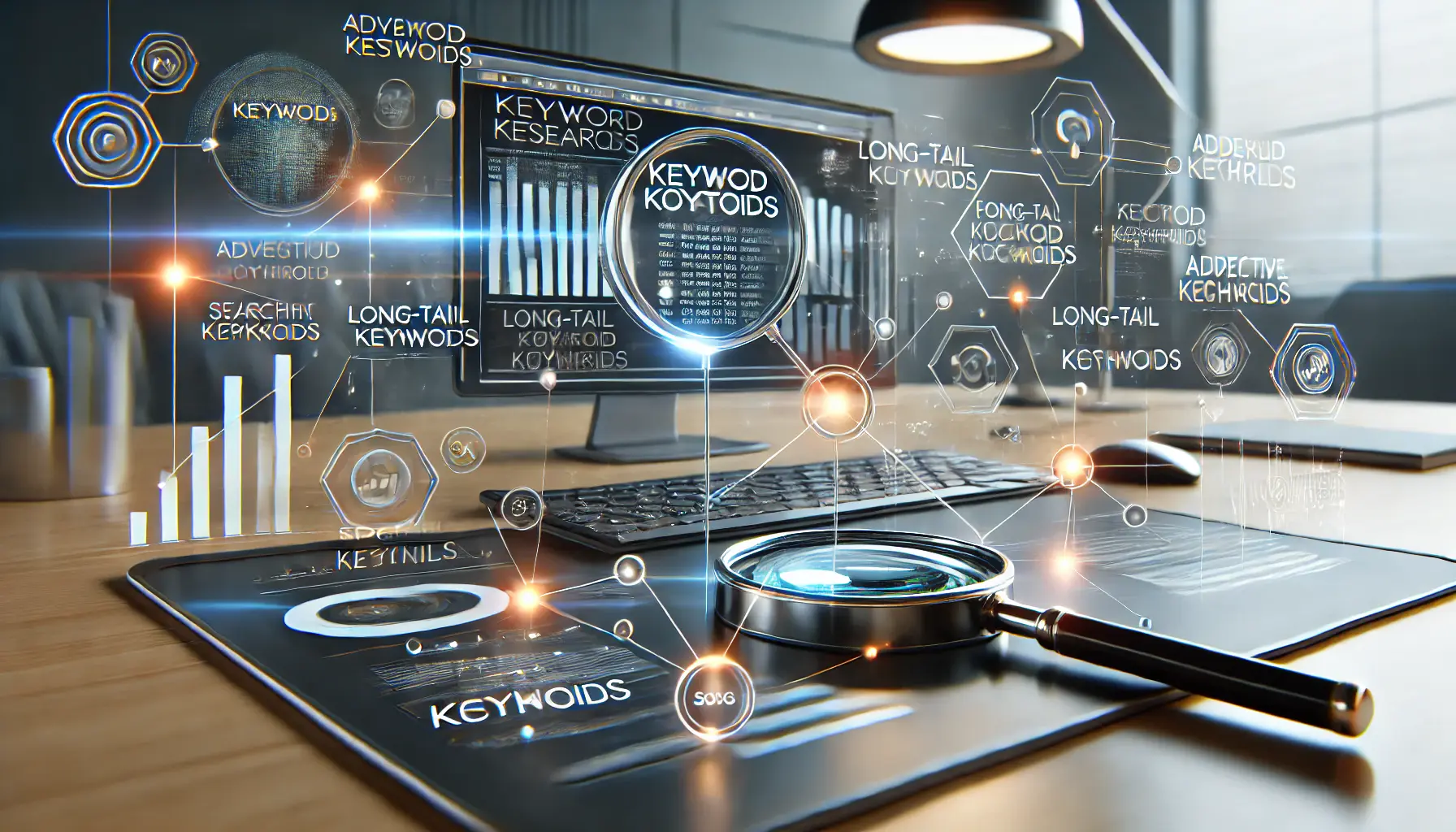 Illustration of advanced keyword strategies with a digital dashboard displaying keyword analytics, search trends, and targeting metrics.