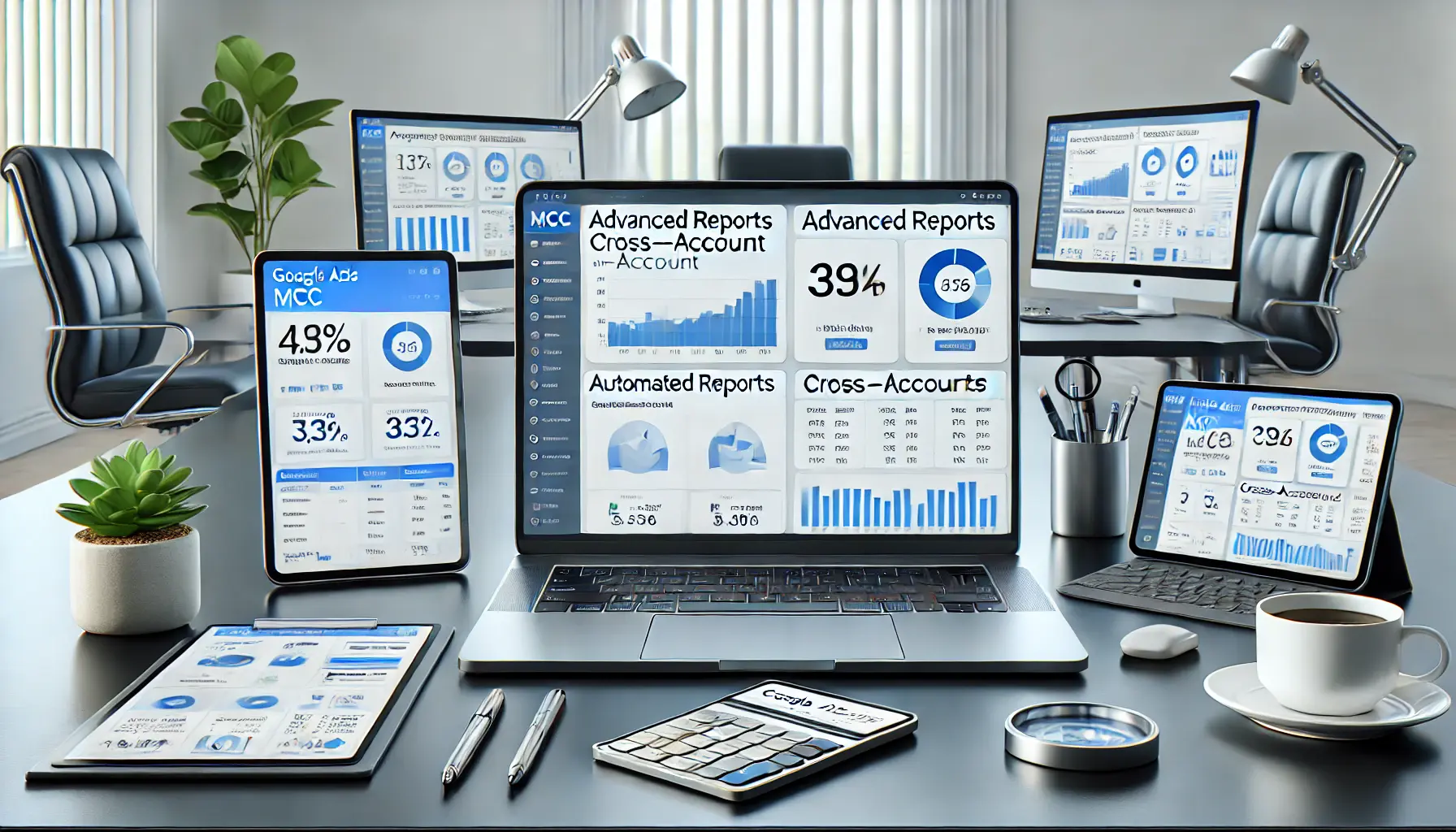 A digital marketing workspace with a laptop displaying advanced MCC tools like automated reports and cross-account insights.