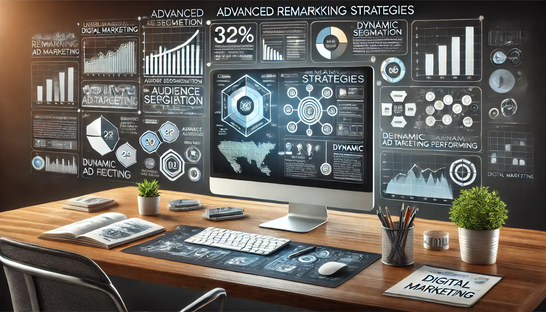 A digital marketing workspace with a computer displaying advanced analytics and audience segmentation, featuring charts and graphs for remarketing strategies.