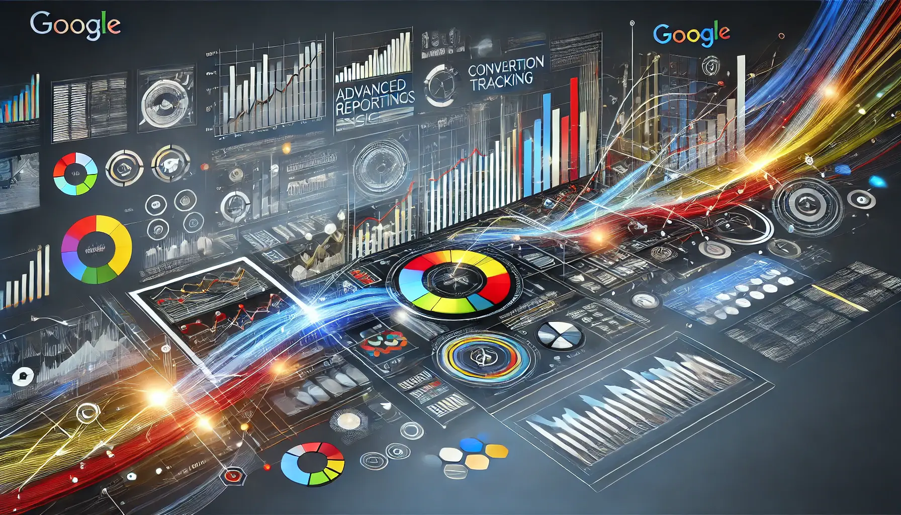 A visual representation of advanced reporting and insights in digital advertising, featuring charts, graphs, and dynamic data flow to illustrate performance analysis.