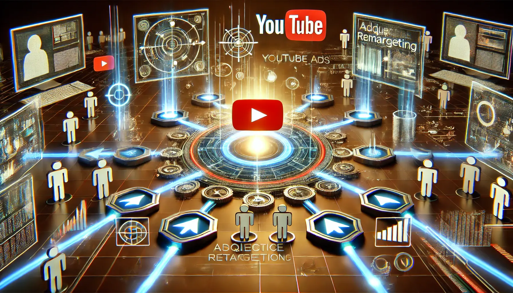 A dynamic and futuristic illustration representing advanced retargeting strategies for YouTube Ads, with glowing pathways, audience segmentation, and YouTube-themed elements.