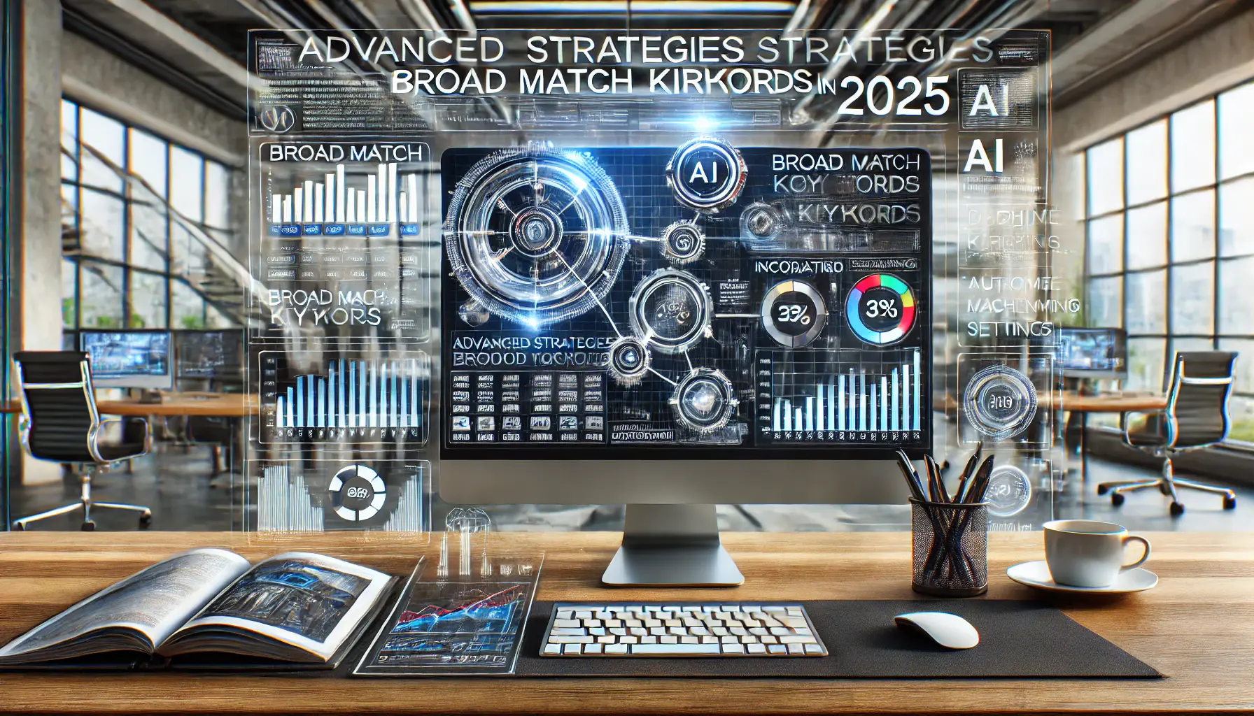 A digital workspace showing a marketer using advanced analytics and AI tools to strategize broad match keywords in 2025.