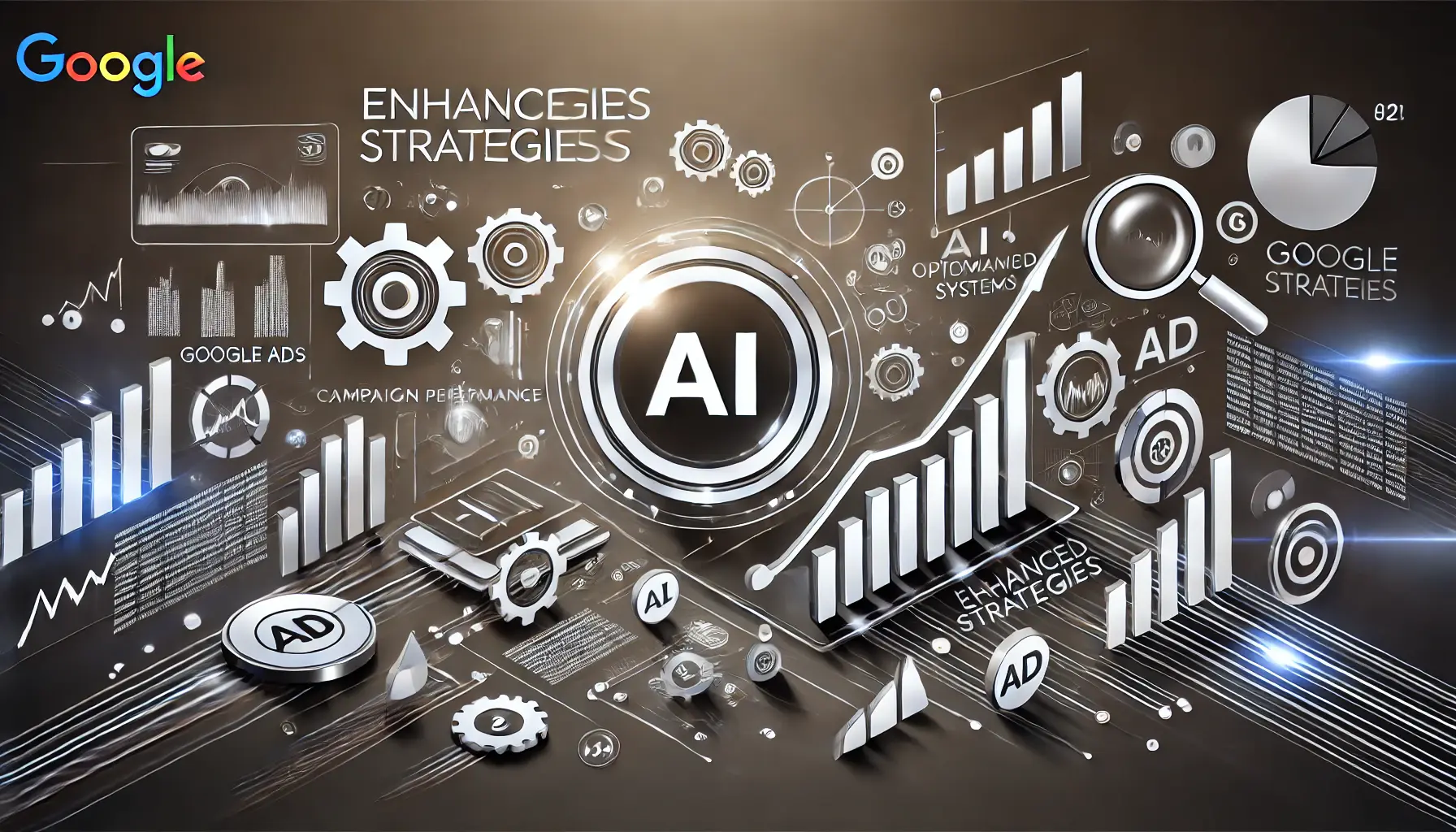 Abstract representation of advanced strategies for campaign performance, featuring tools, AI, gears, and optimization graphs.