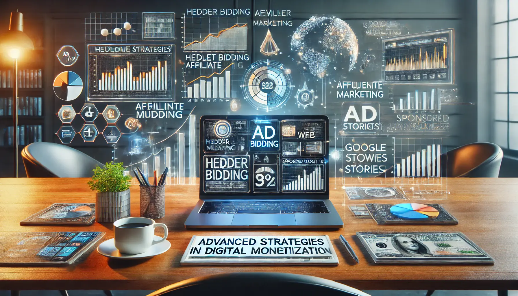 An image showing a digital workspace with ad strategies such as header bidding, affiliate marketing, and sponsored content, along with revenue growth charts and innovative ad formats.