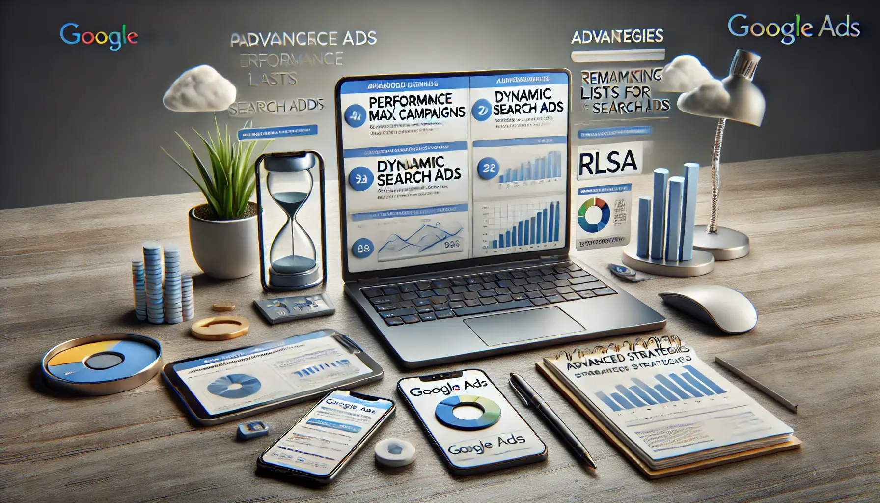 A laptop displaying advanced Google Ads features like Performance Max campaigns, Dynamic Search Ads, and Remarketing Lists for Search Ads (RLSA), surrounded by a smartphone, tablet, and notepad in a modern workspace.