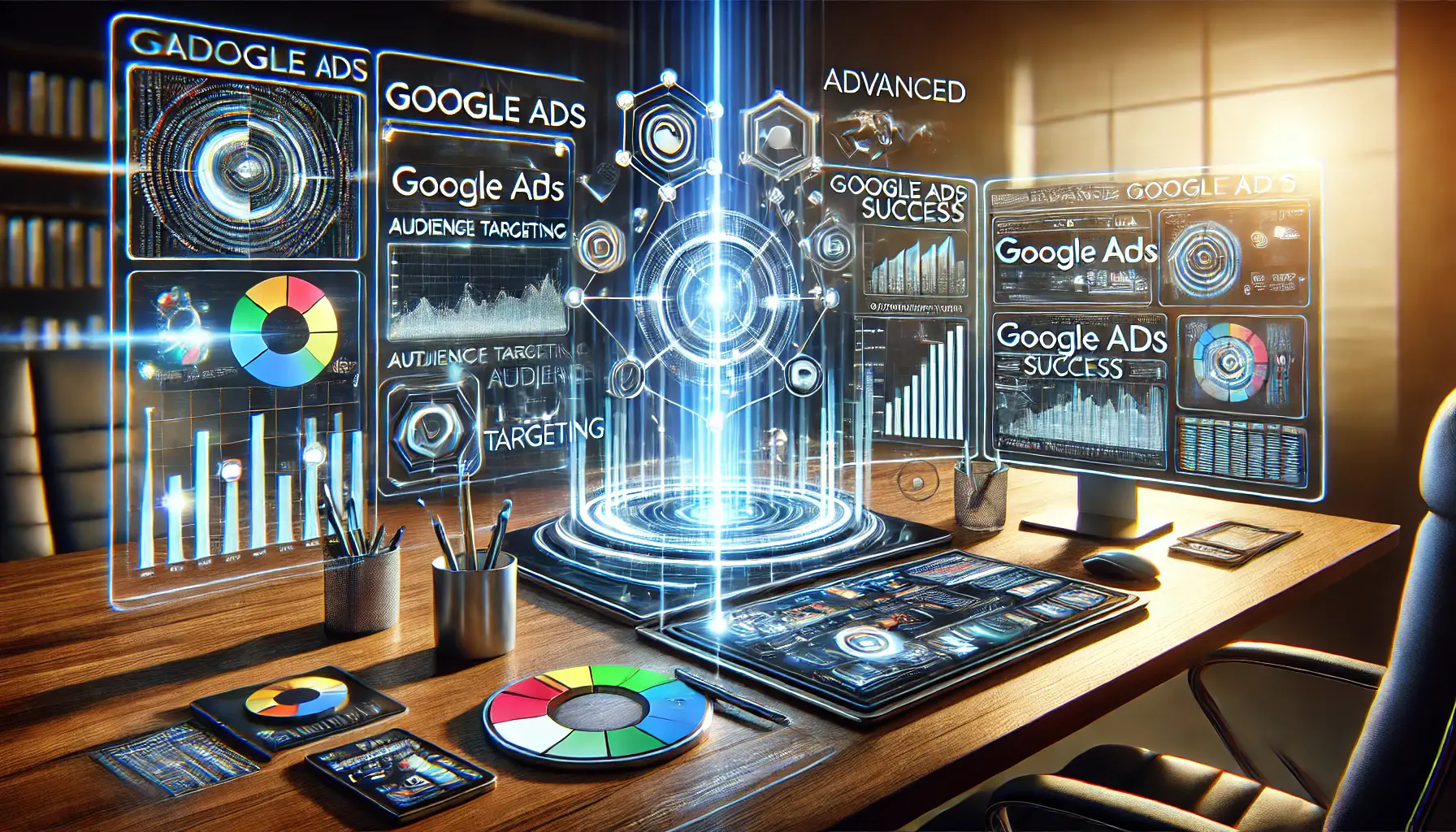 A multi-screen setup displaying advanced Google Ads tools and features like audience targeting and automation, with holographic graphs and targeting symbols.