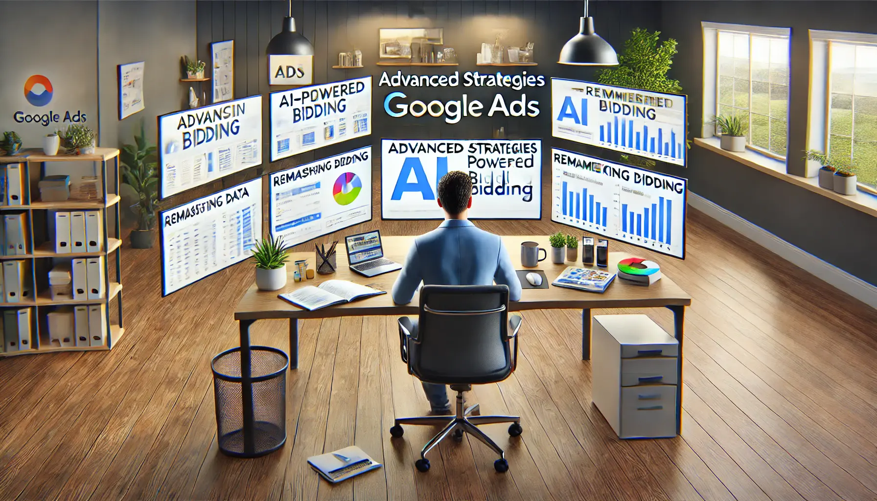 A small business owner implementing advanced strategies for Google Ads, reviewing multiple monitors displaying AI bidding, remarketing data, and campaign performance.