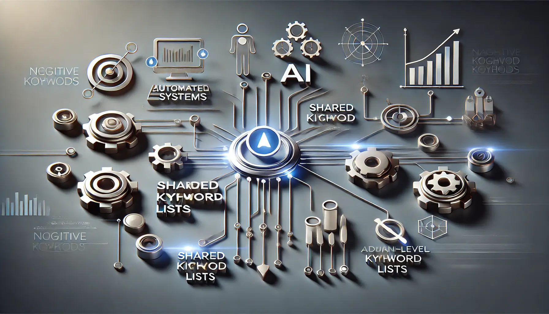 Abstract representation of advanced strategies for managing negative keywords, featuring icons like automated systems, AI, and dynamic keyword lists.