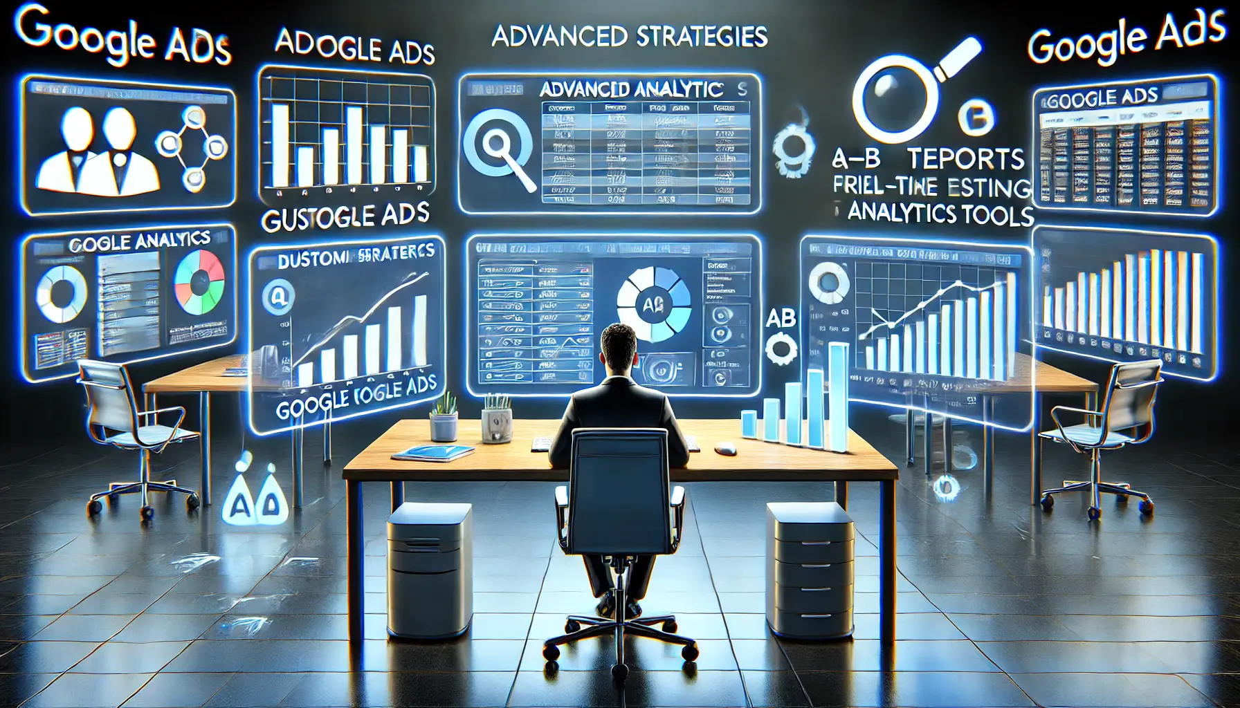 A workspace with multiple monitors displaying advanced analytics dashboards, custom reports, and tools for monitoring Google Ads metrics.