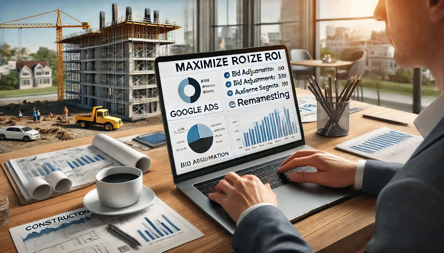 Marketer analyzing advanced Google Ads metrics on a laptop with construction plans, analytical charts, and a construction site visible in the background.