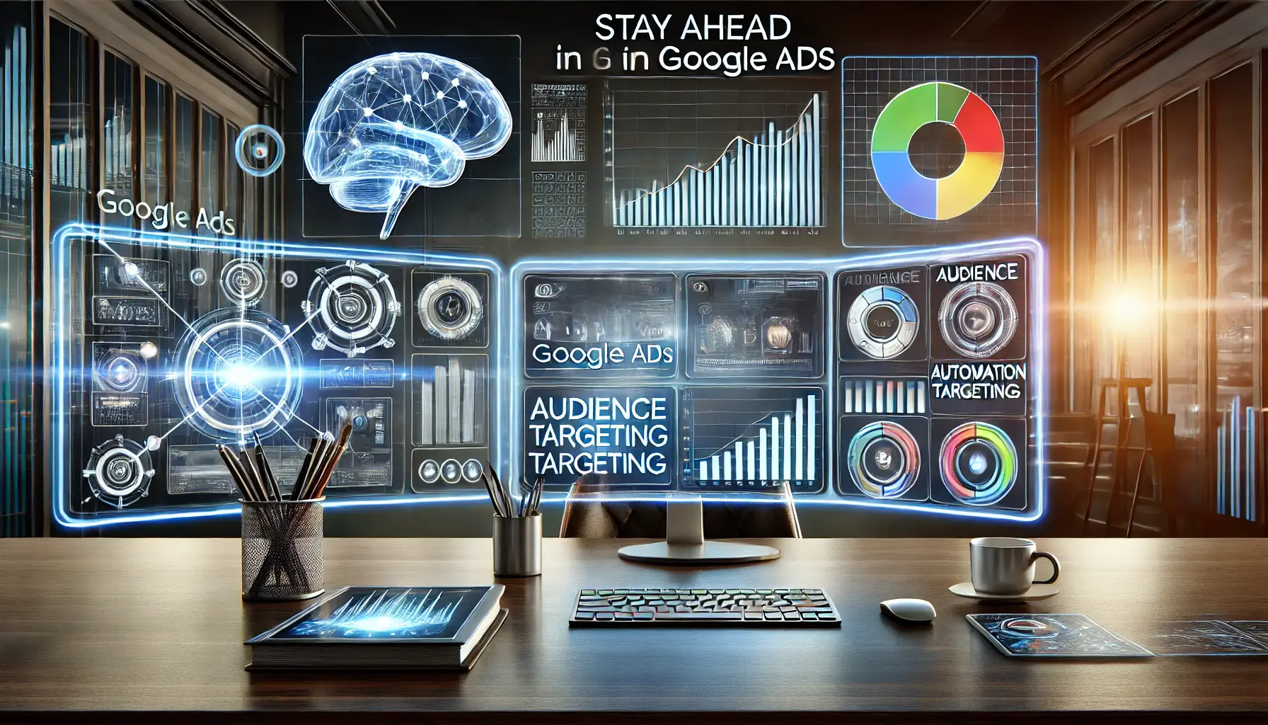 A multi-screen setup displaying advanced Google Ads analytics with holographic graphs, AI optimization, and interconnected marketing channels.