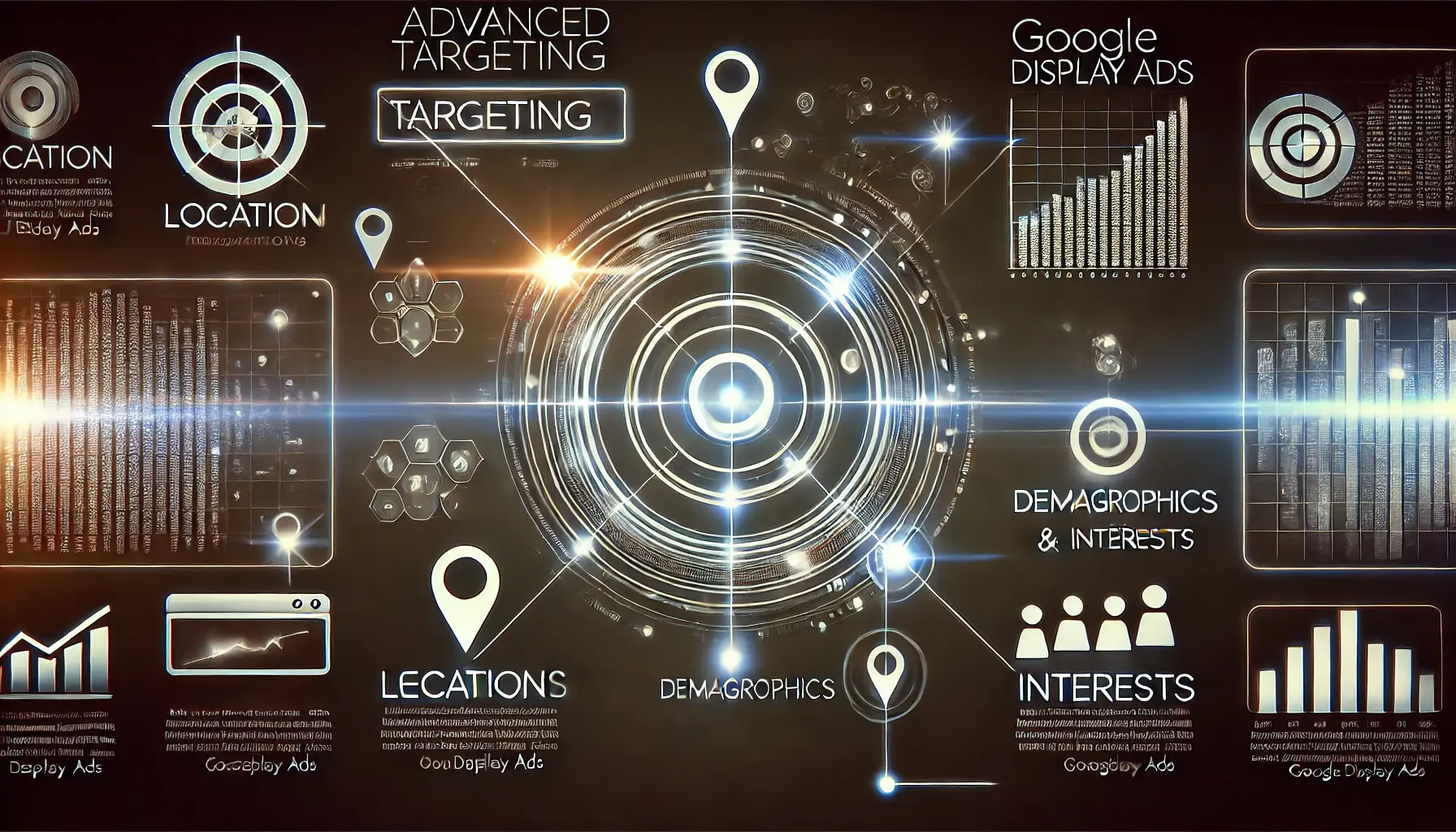 An image showing a digital interface with glowing icons representing various targeting parameters like location, demographics, and interests, symbolizing advanced targeting options.