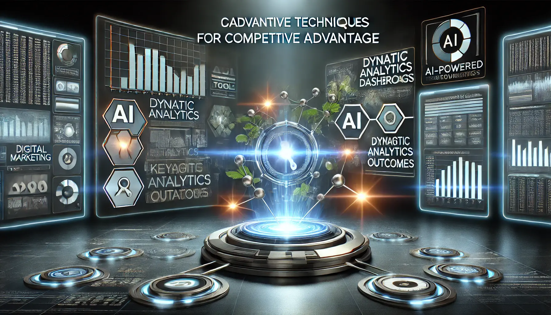 Illustration of advanced digital marketing techniques featuring AI tools, dynamic dashboards, and strategic data flows in a futuristic workspace.