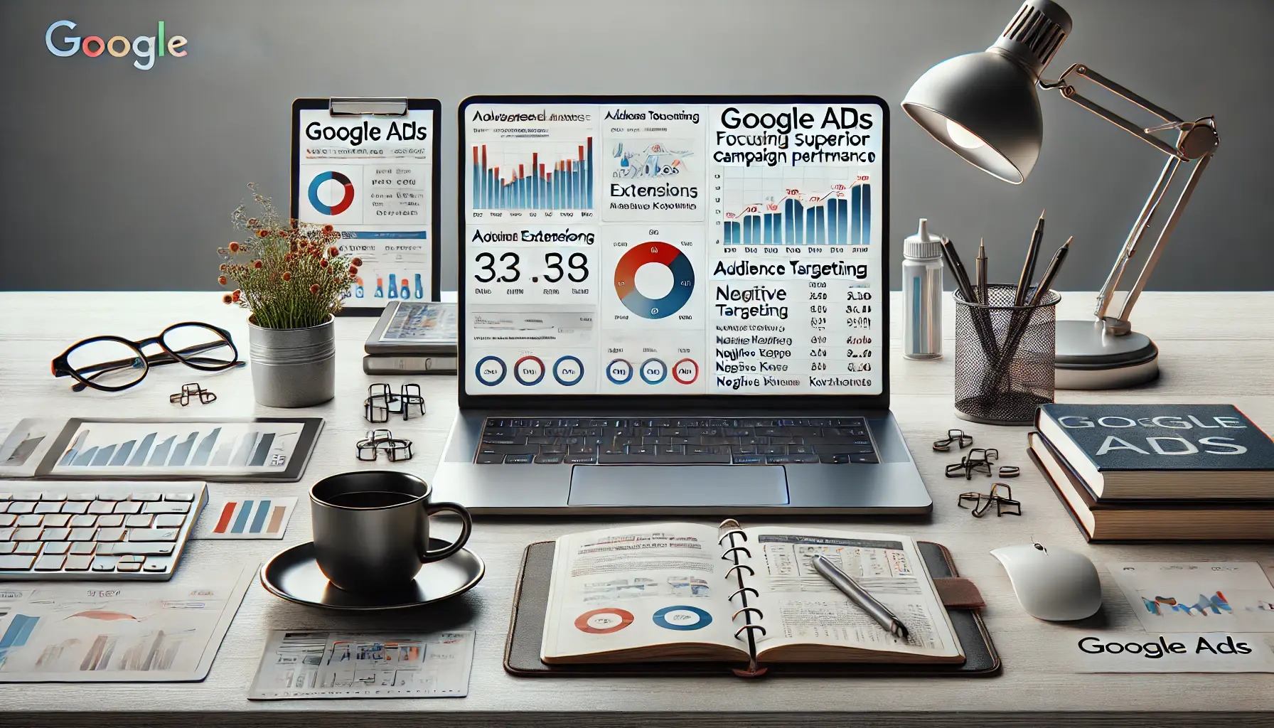 A digital marketing workspace with a laptop displaying advanced Google Ads metrics and optimization techniques.