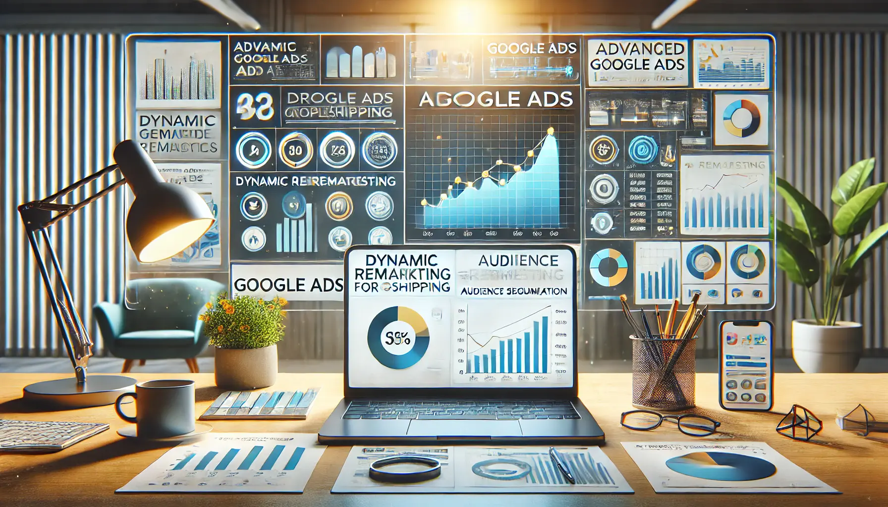 A workspace featuring a laptop with an advanced Google Ads dashboard showing dynamic remarketing, AI tools, and segmentation, surrounded by analytics graphs and product images.