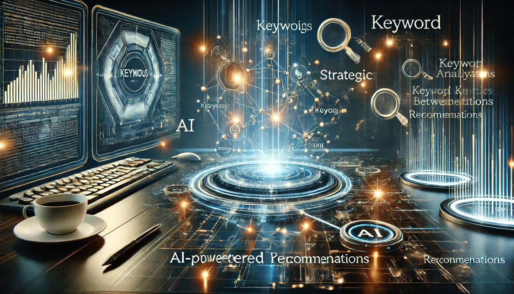 Illustration of advanced keyword techniques with glowing data networks, analytics dashboards, and AI-powered tools in a futuristic workspace.