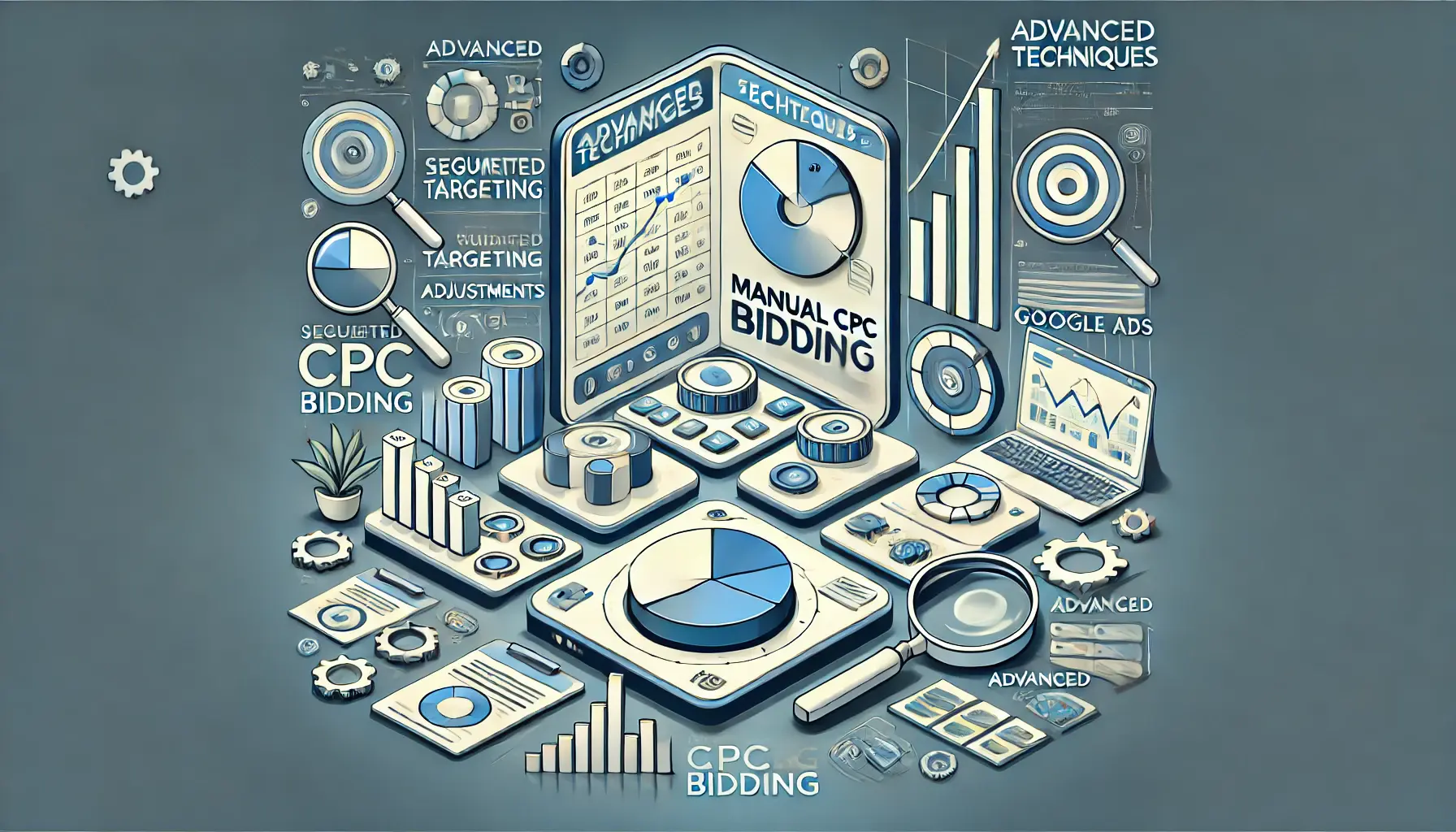 A digital dashboard displaying segmented targeting, bid adjustments, and advanced analytics surrounded by targeting icons and upward-trending graphs, symbolizing advanced strategies.