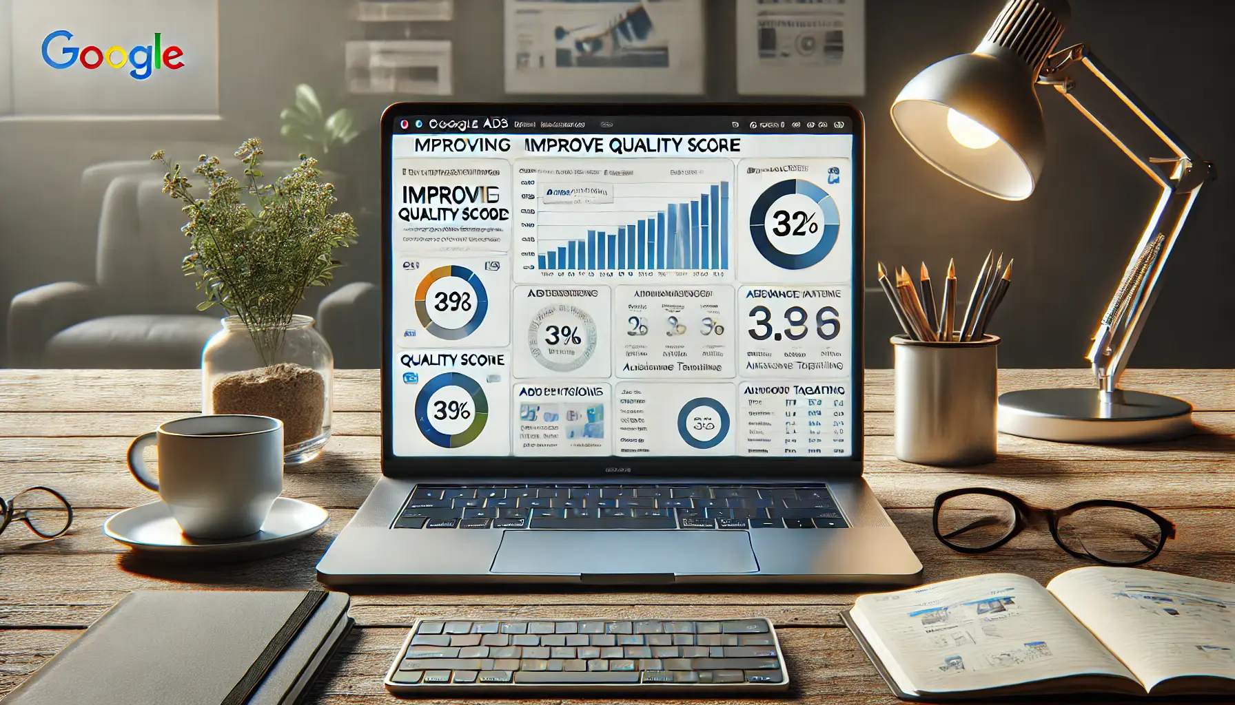 A digital marketing workspace with a laptop displaying advanced Google Ads performance metrics and optimization tools.