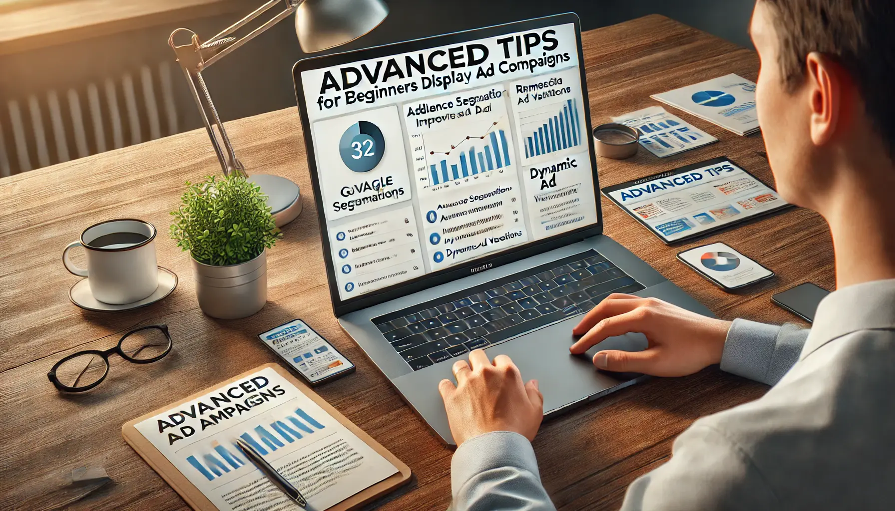 An image of a professional reviewing advanced strategies and analytics for Google Display Ad campaigns, focusing on audience segmentation and remarketing.