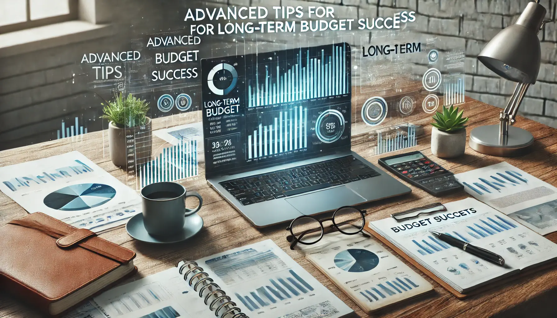 A modern workspace with a laptop displaying an advanced financial dashboard showing long-term budget projections and growth.