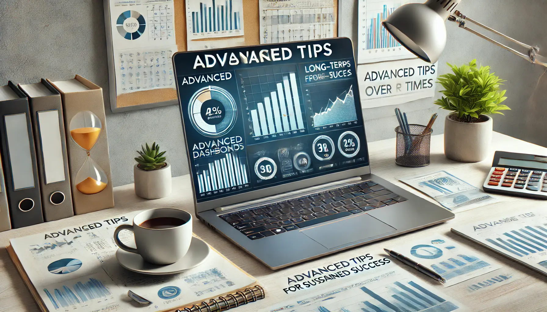 A modern workspace with a laptop displaying advanced financial dashboards and charts, symbolizing sustained success in advertising.