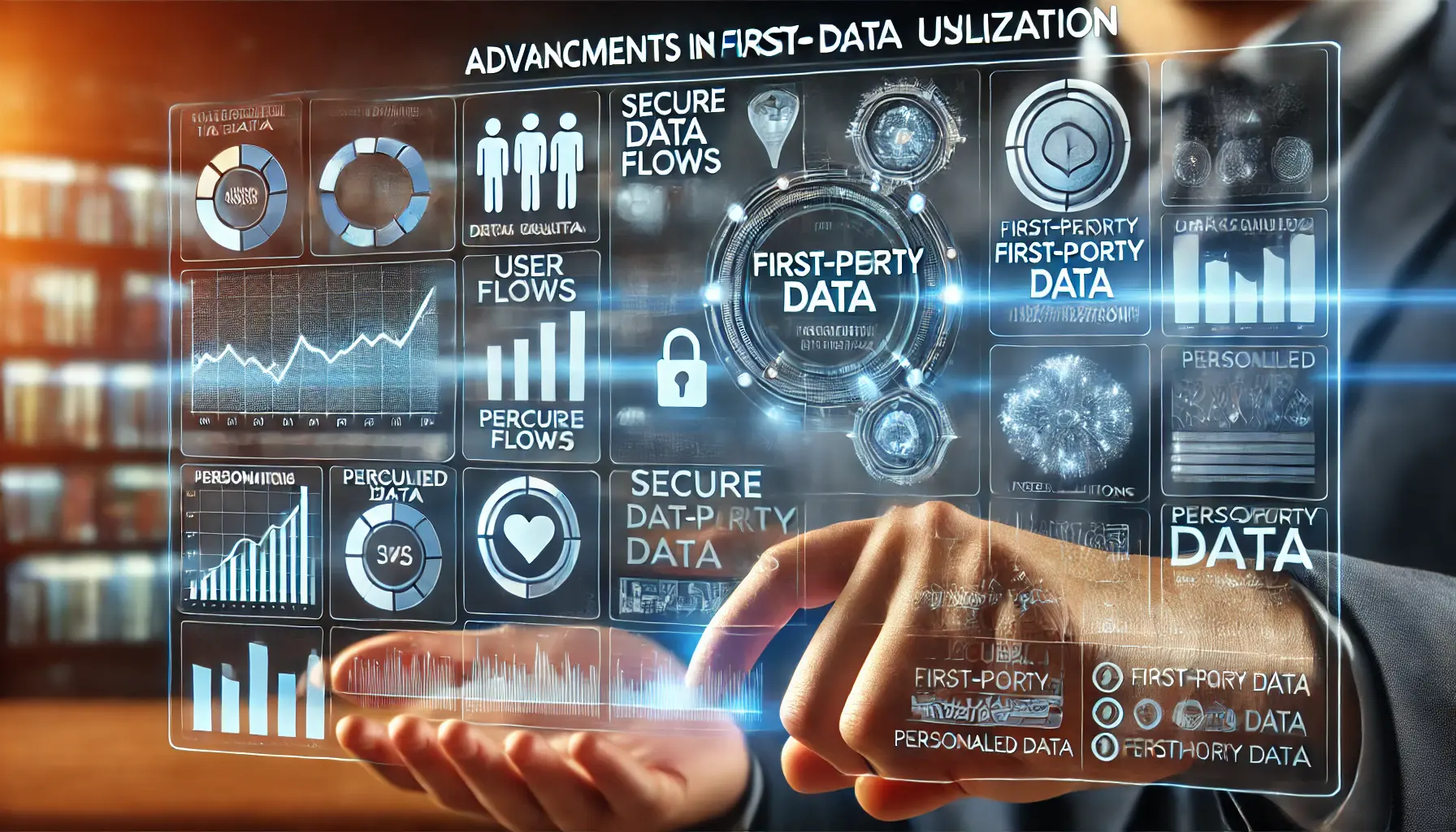 A digital marketing dashboard showing analytics tools, user data, and personalized insights from first-party data.