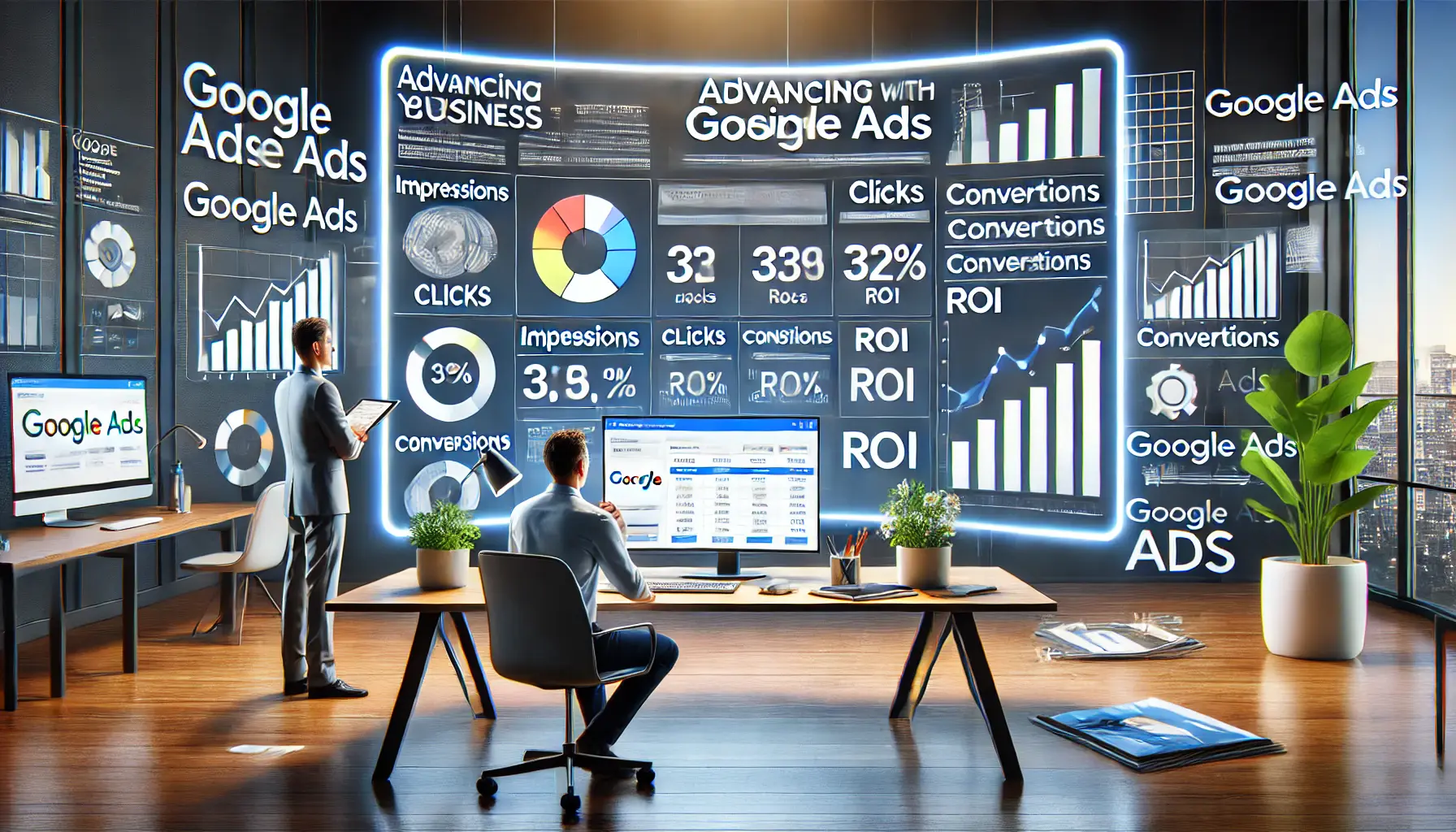 A marketer analyzing a digital dashboard displaying a successful Google Ads campaign summary, including metrics like impressions, clicks, conversions, and ROI.