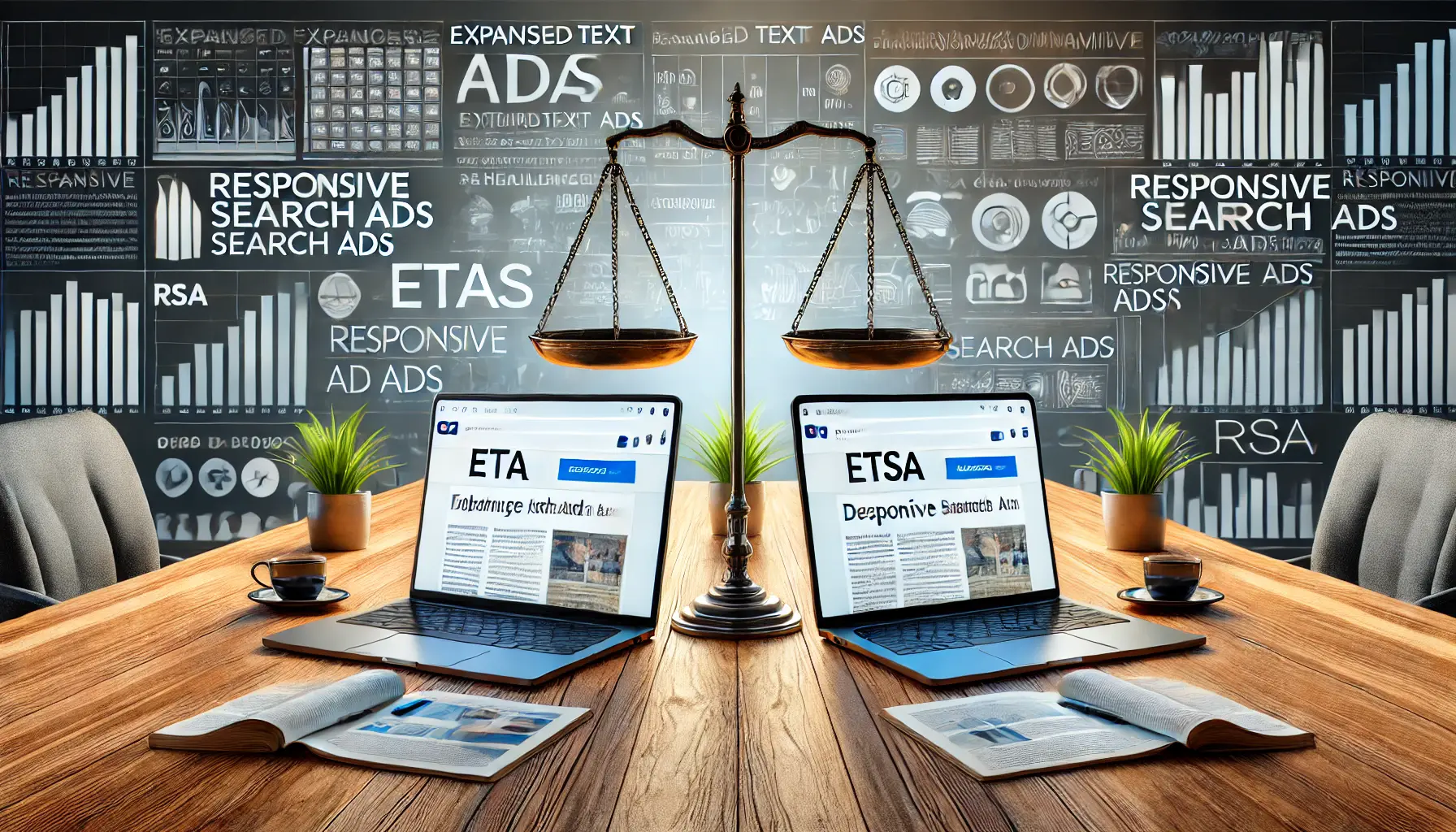 A digital marketing workspace comparing the advantages and limitations of Expanded Text Ads and Responsive Search Ads.