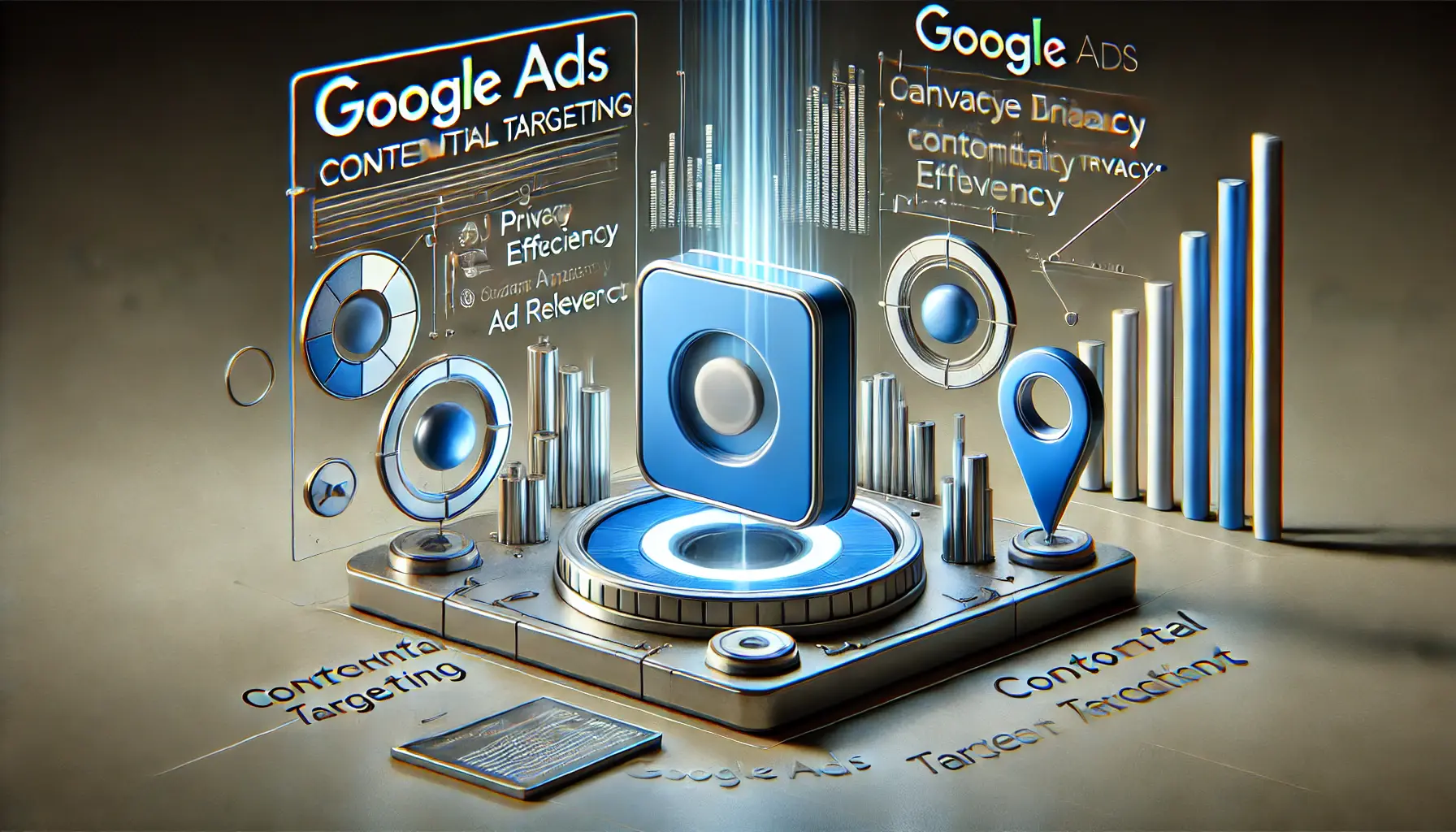 Abstract illustration showing the advantages of contextual targeting in Google Ads with icons, data analysis, and relevant ad placement.